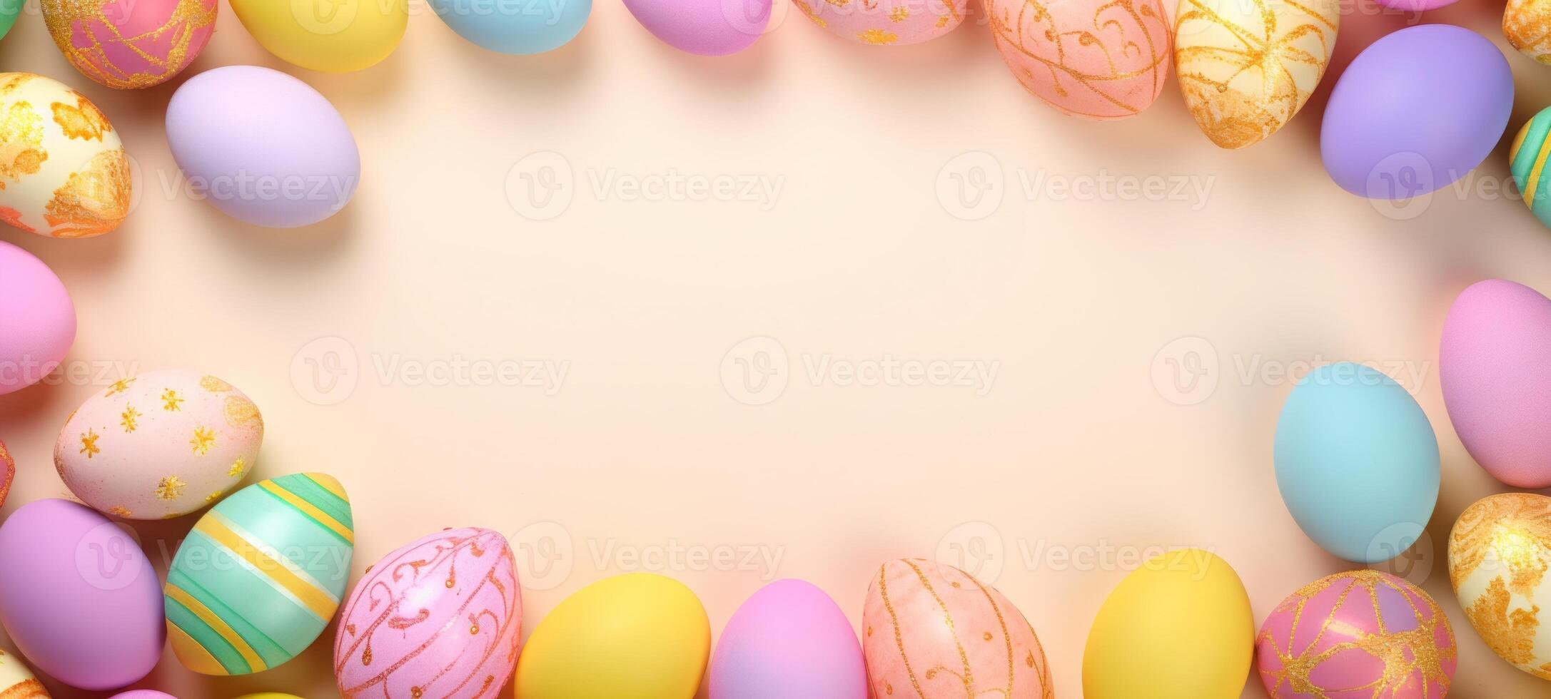 AI generated Pastel Easter eggs adorned with gold details on a peach background. Suitable for spring event announcements and holiday marketing. Represents Easter elegance. Banner with copy space. photo