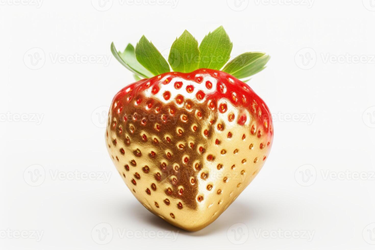 AI generated Gold-toned strawberry with vivid red details on white background, ideal for unique culinary presentations or design elements in food styling photo