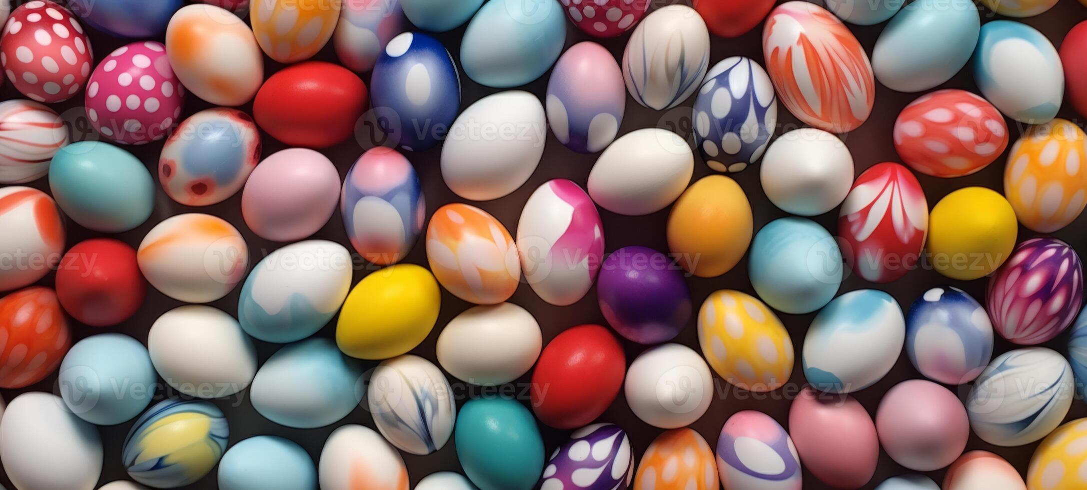 AI generated A colorful collection of decorated Easter eggs, closely packed, showcases a range of patterns and hues. Top view. Copy space. Suitable for Easter event promotions or creative projects photo