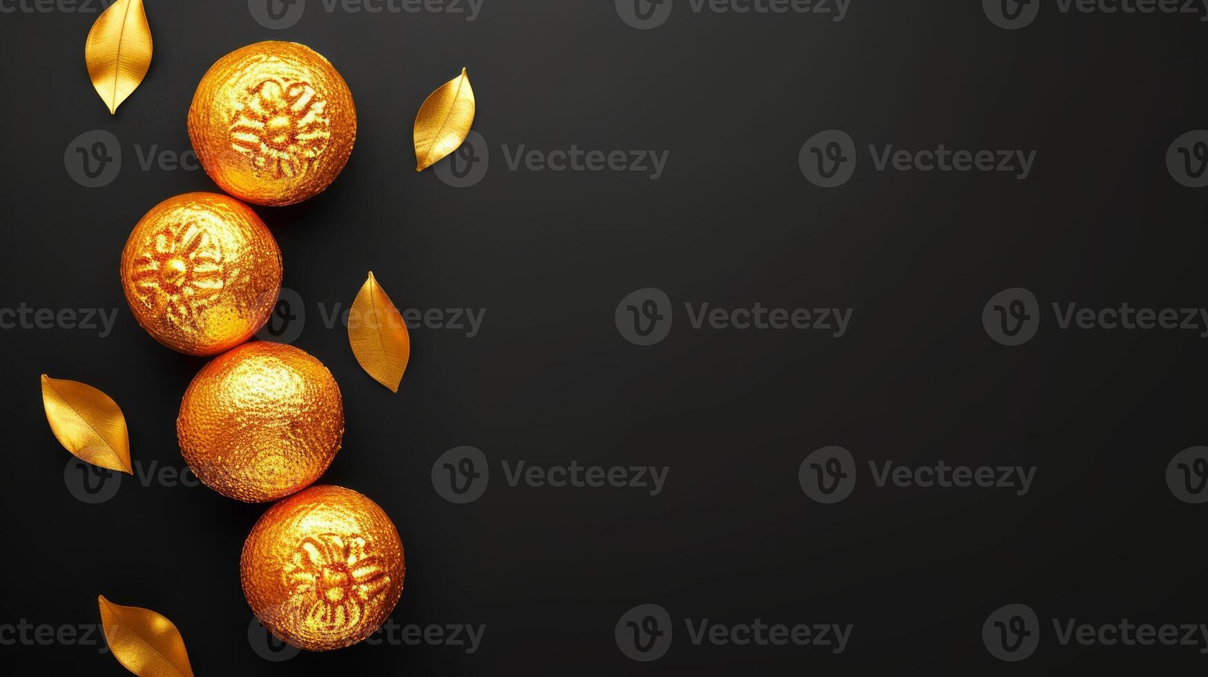 AI generated Four golden mandarins with embossed patterns and gold leaves on a black background, suitable for luxury branding or artistic compositions. Exclusive citrus fruit. Banner photo