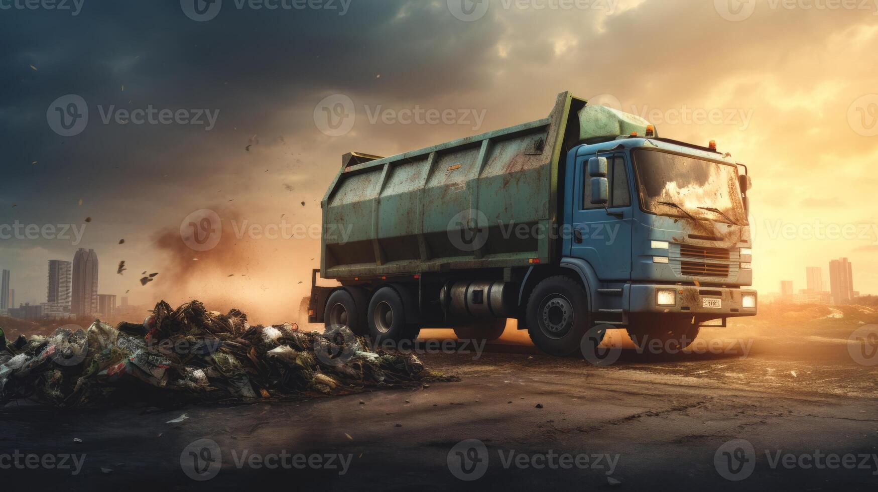 AI generated Garbage truck unloading trash at a landfill. Good for environmental or waste management purposes. photo
