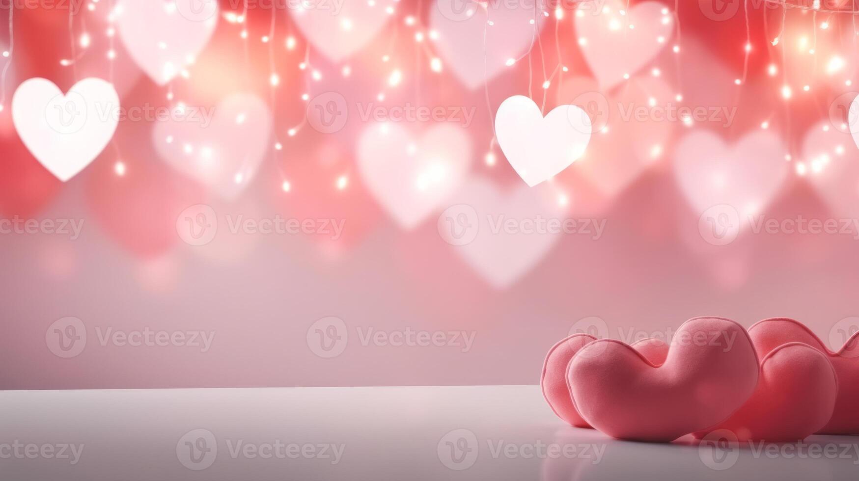 AI generated Greeting valentine for Valentines Day, banner with copy space. Red hearts on soft bokeh background. Template for greeting, invitation, postcard, advertisement. Ideal for love photo