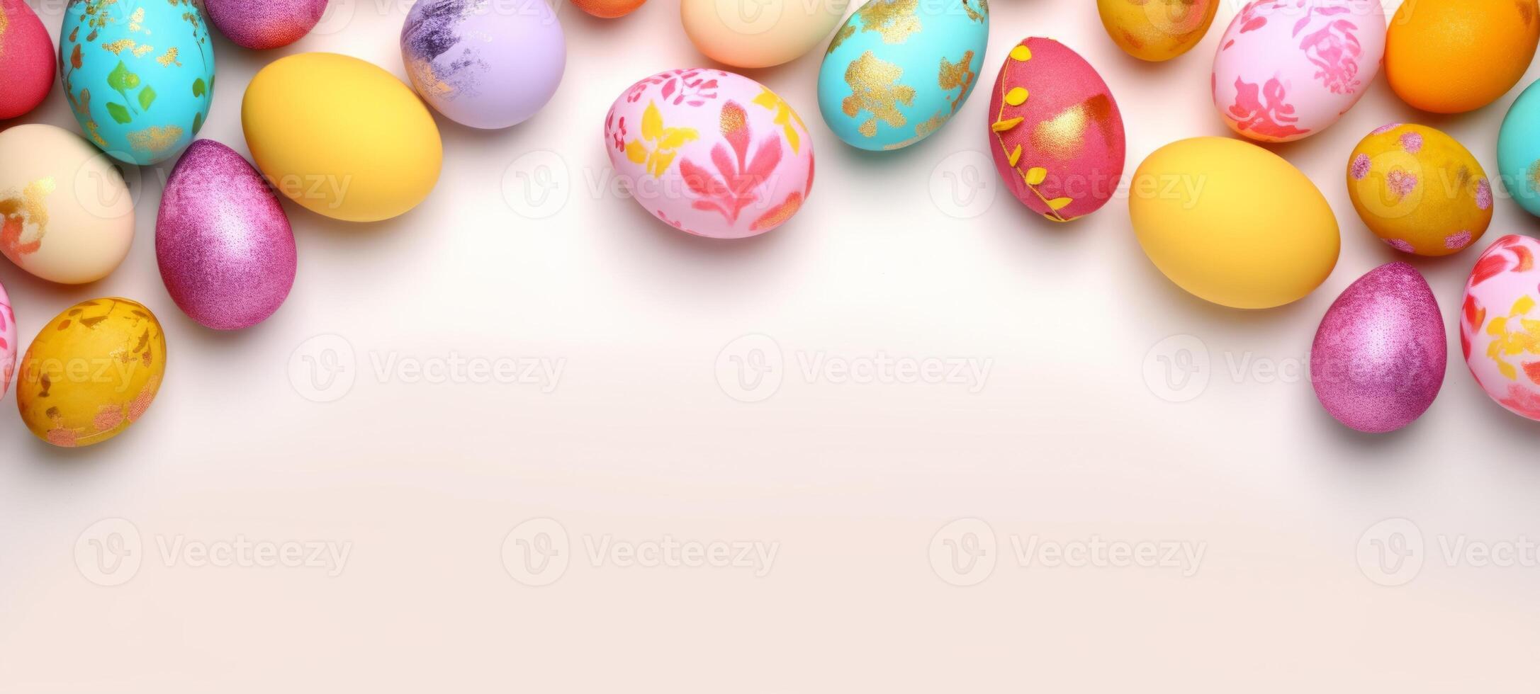 AI generated Colorful, artisanal Easter eggs against a white backdrop. Banner with copy space. Suitable for Easter promotional materials and craft project inspiration. Highlights joy of the holiday photo