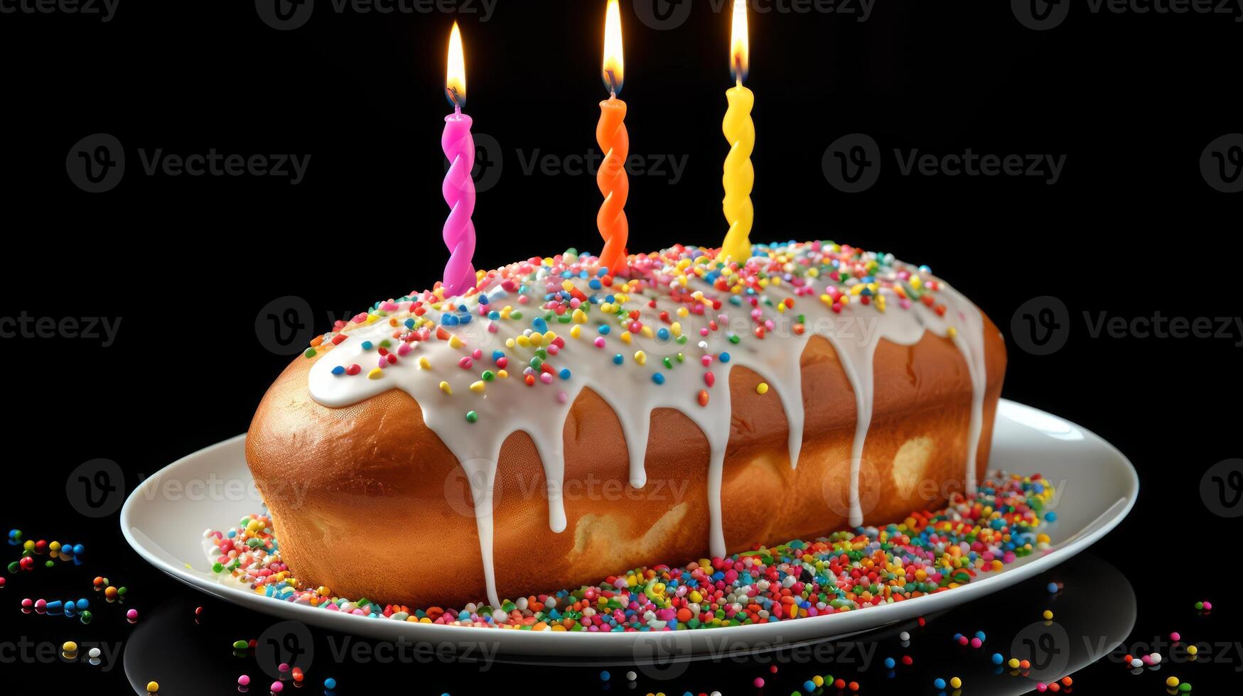 AI generated Easter Kulich cake with white icing, colorful sprinkles and lit candles. On dark background. Traditional Russian Easter cupcake. Ideal for Celebratory events and holiday promotions. photo