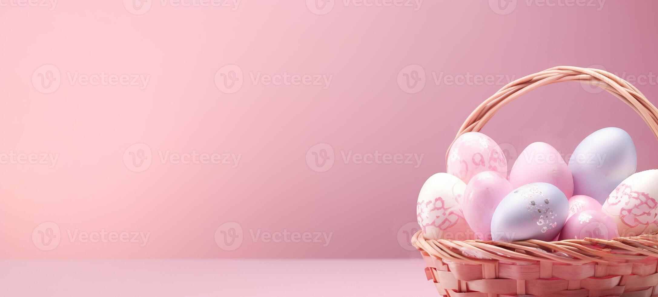 AI generated Pink and white Easter eggs, delicately patterned, in a basket with a pink background. For gentle, inviting Easter promotions and serene seasonal decor. Banner with copy space. photo