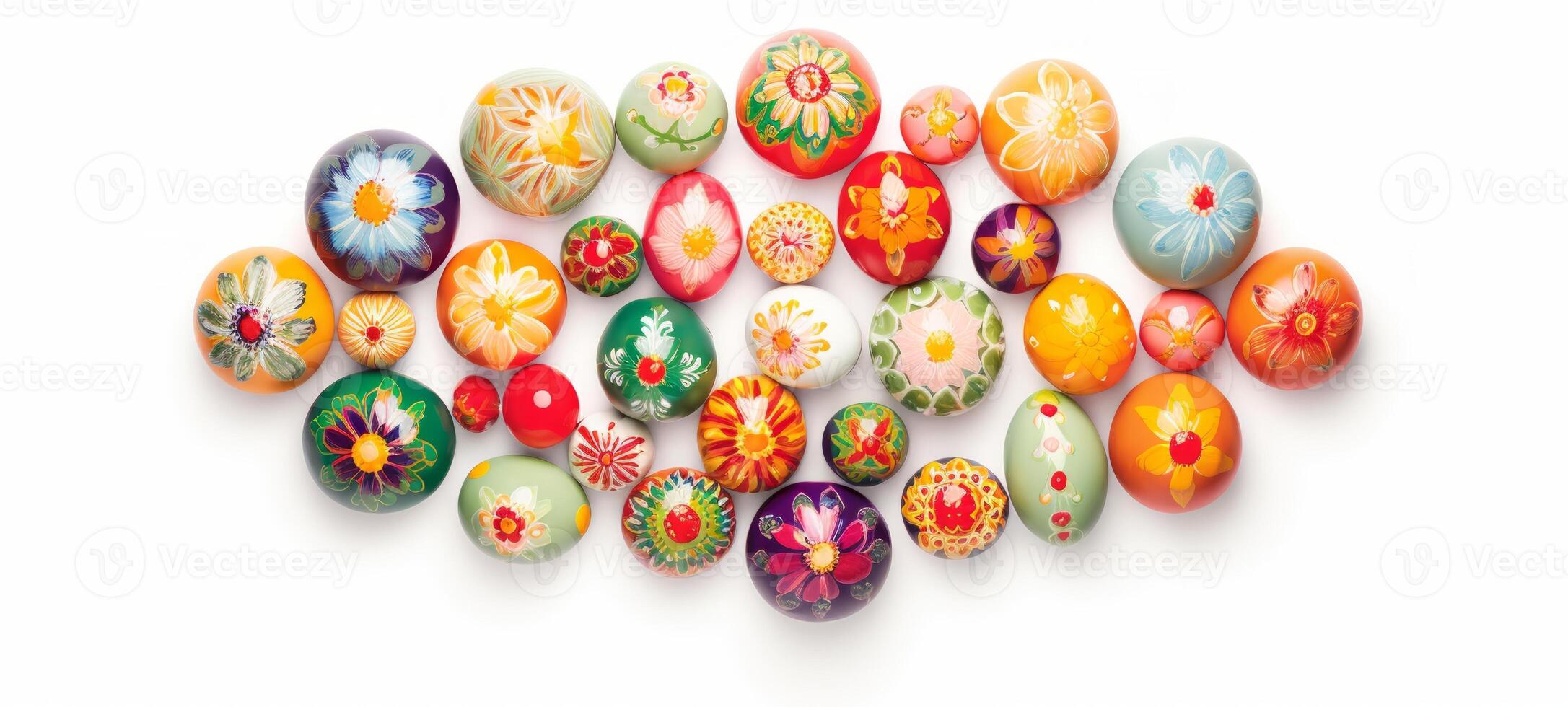 AI generated Decorative hand-painted colorful Easter eggs on white background. Can be featured in festive content and holiday-themed visuals photo