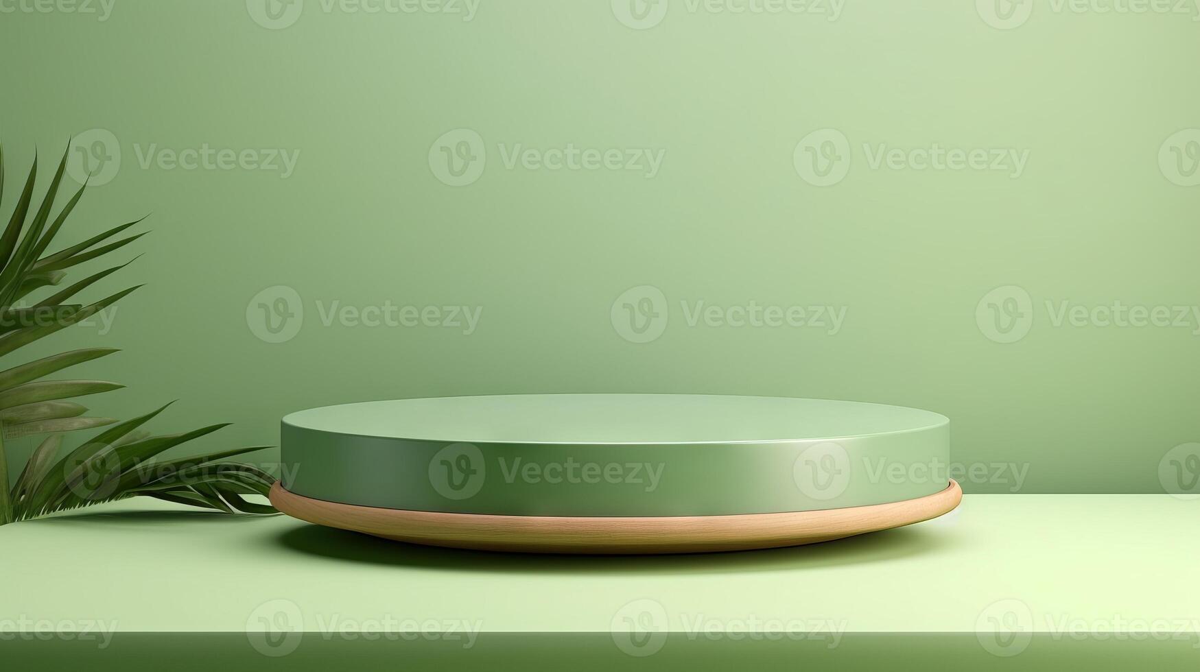 AI generated Podium for product presentation with green leaves. Stage for showcase. Mockup. With copy space. Empty illuminated with light green lights platform with modern design photo