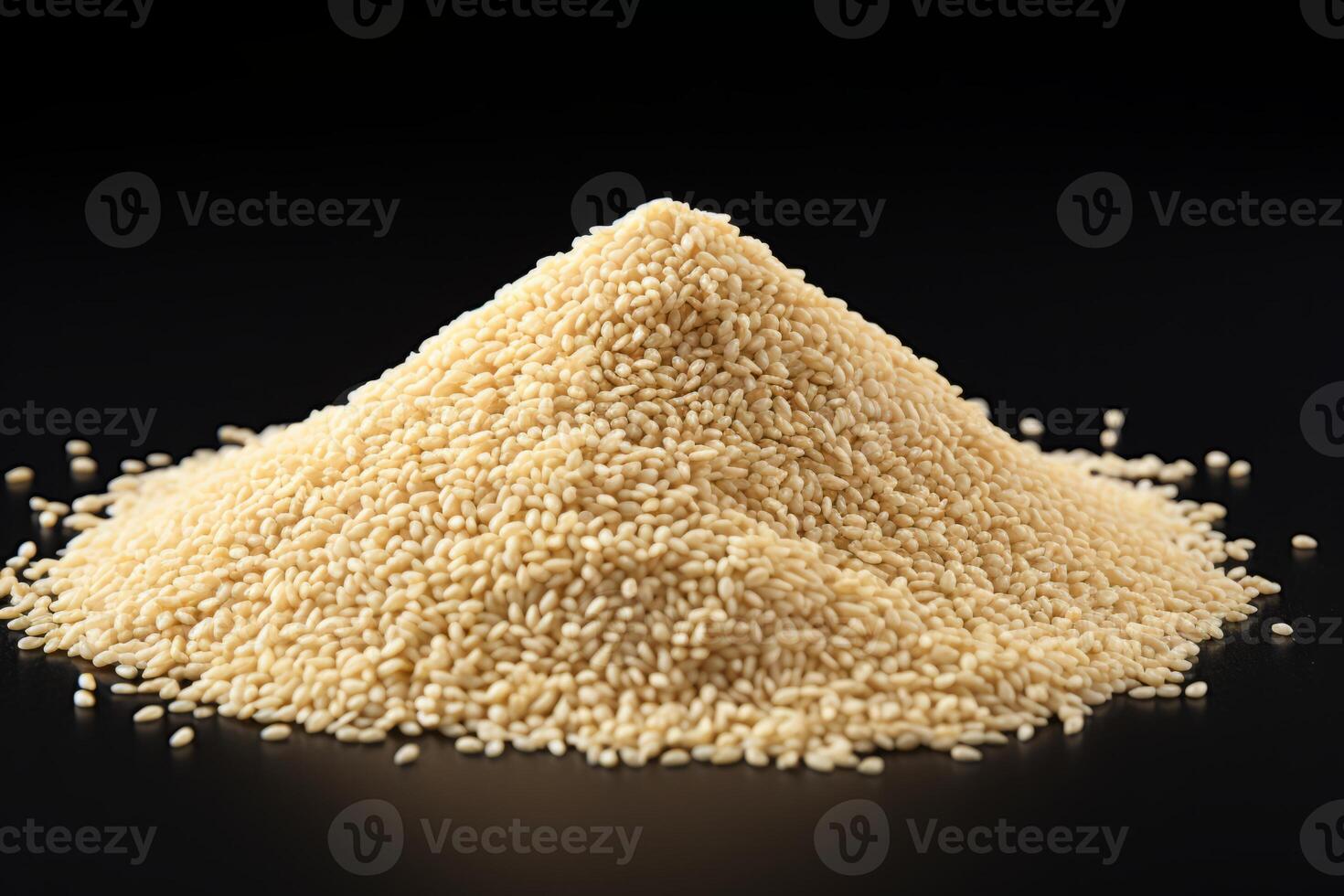 AI generated White sesame seeds in a heap, isolated on a black background, ideal for culinary and food concepts photo