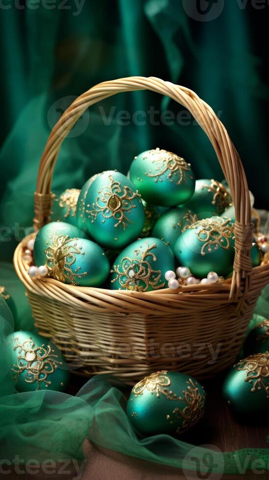 AI generated Teal Easter eggs with golden details resting in a basket, with a translucent teal fabric backdrop. With copy space. Perfect for spring holiday promotions and elegant Easter settings. photo