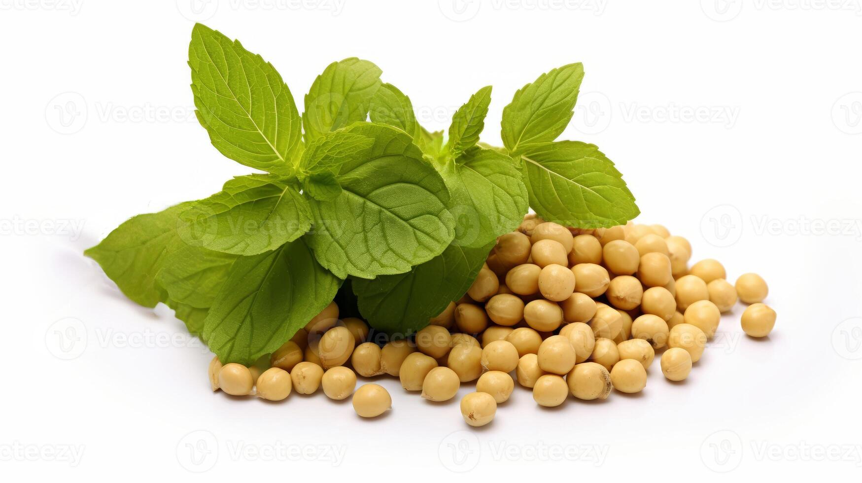 AI generated Soybeans with mint leaves isolated on white background. Ideal for food and health related content. For banner, poster, advertising, web design, organic food store, supermarket, food blog. photo