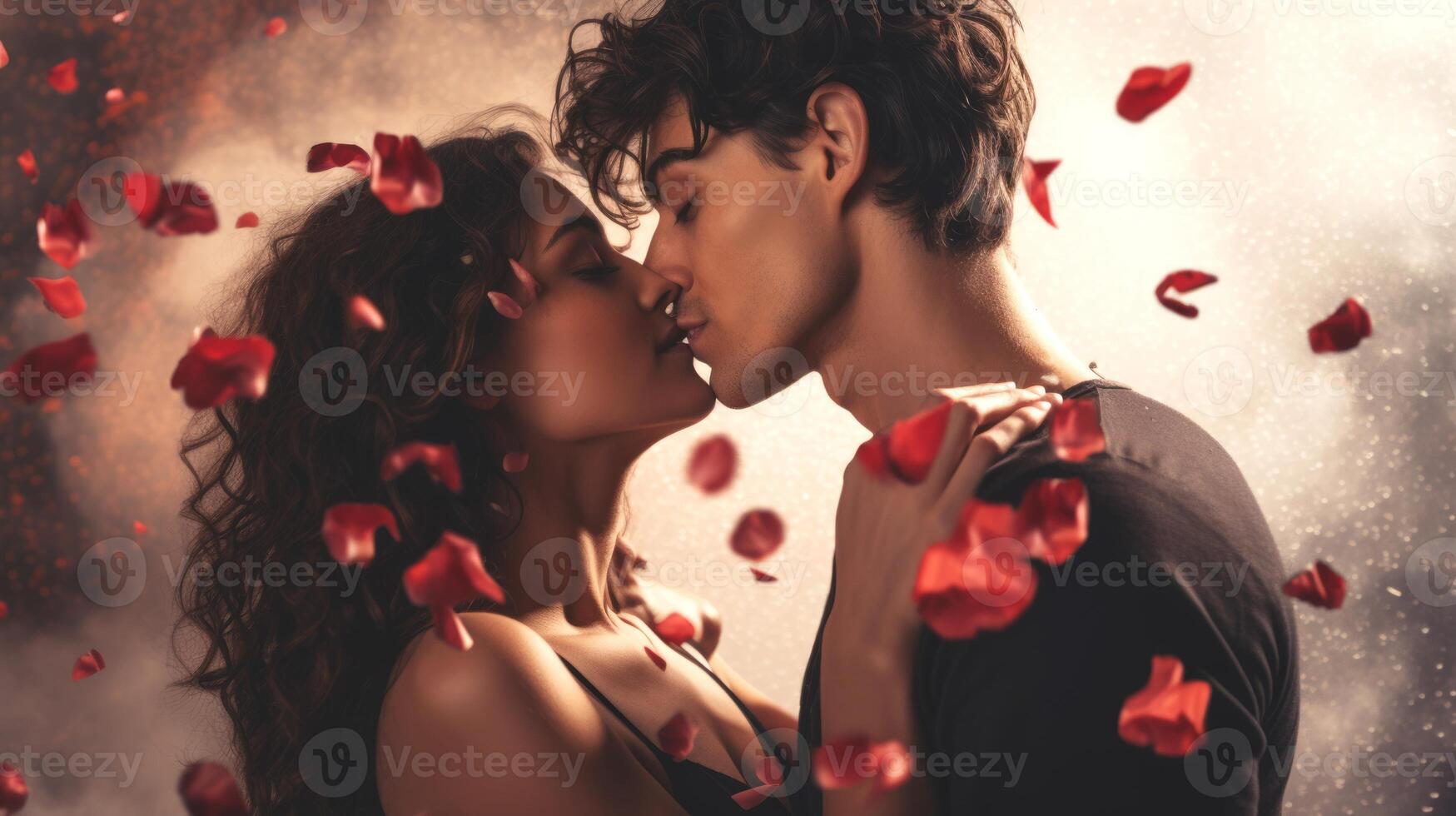 AI generated Couple in a tender embrace surrounded by falling red rose petals. Romantic moment. Ideal as a postcard for Valentines Day, wedding, anniversary or love story themes. Concept of passion photo