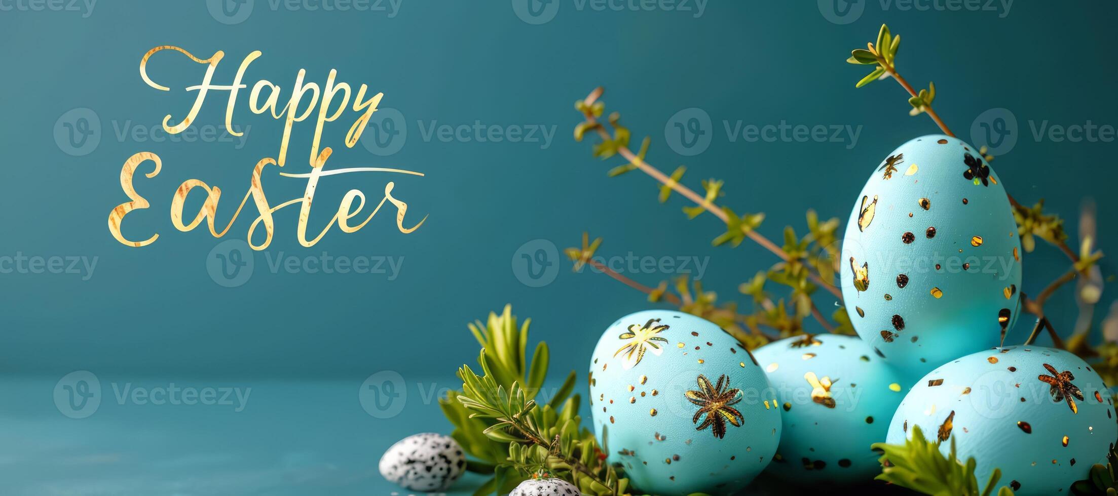 AI generated Easter themed banner with colored blue eggs with gold ornaments and Happy Easter text. On blue background. photo