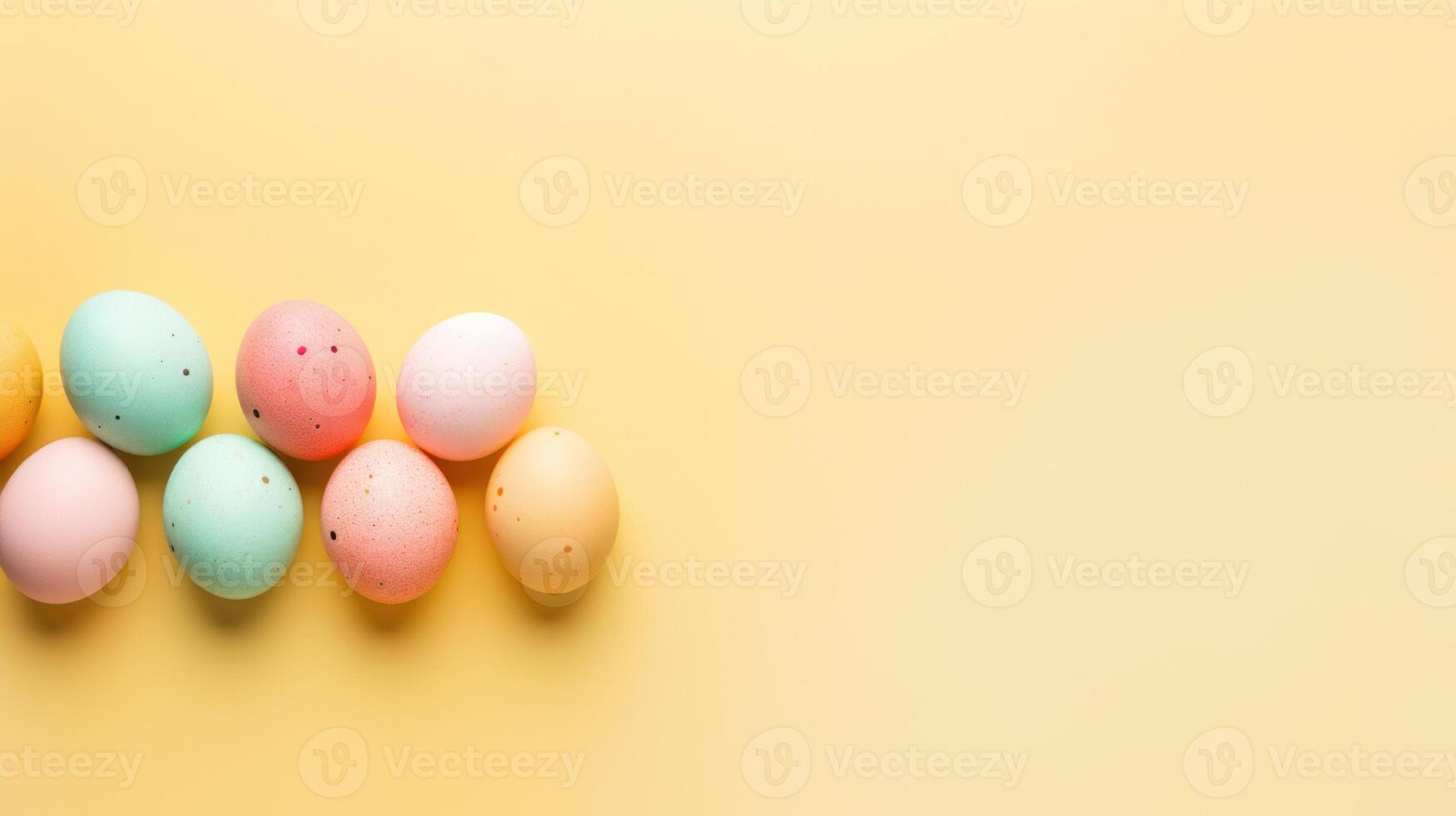 AI generated Top view of Easter painted colorful eggs on light yellow gradient background. Banner with copy space. Ideal for Easter promotion, spring event, holiday greeting, advertisement, festive photo