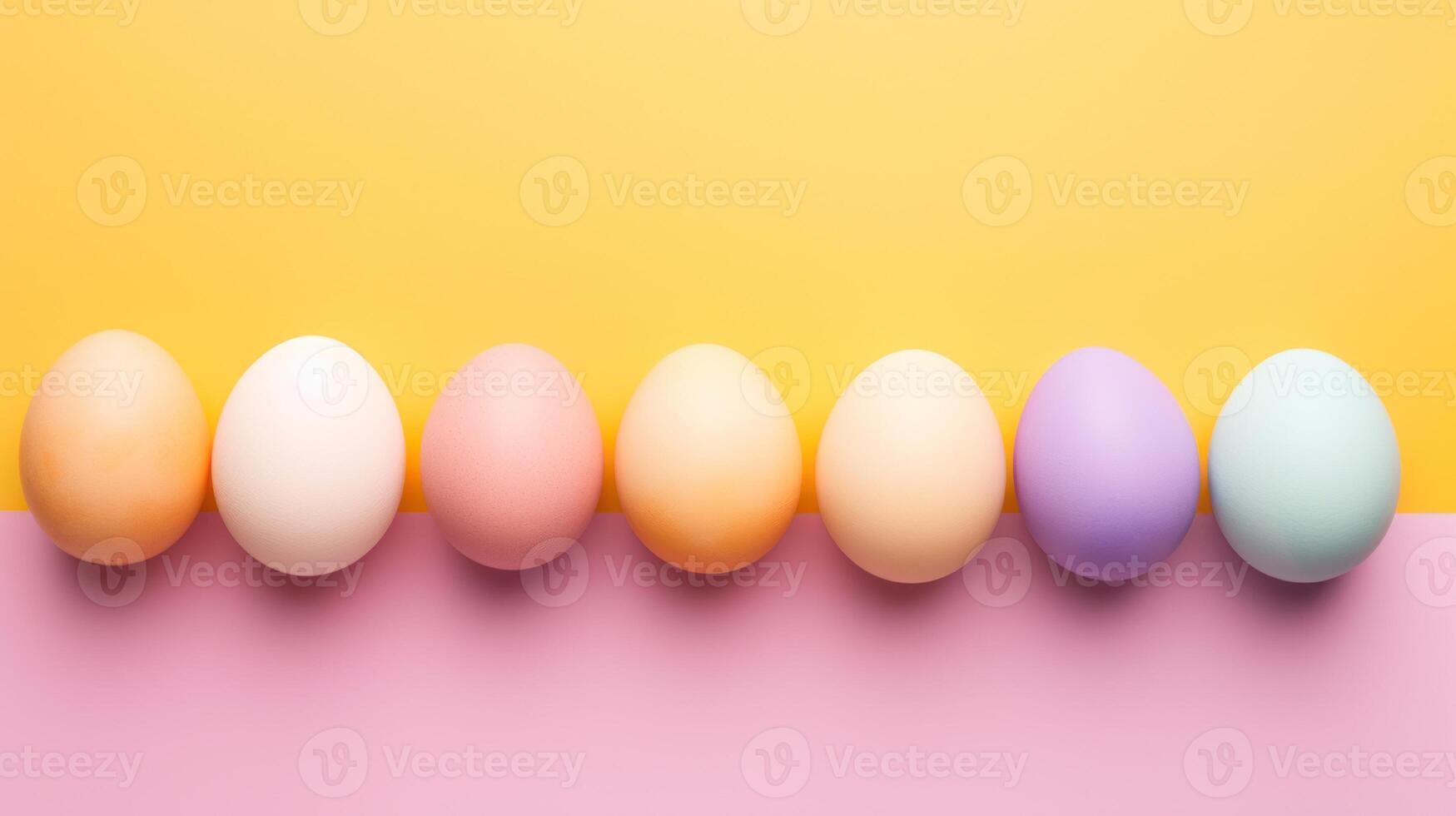 AI generated Top view of Easter painted colorful eggs in row on yellow pink gradient background. Banner with copy space. Ideal for Easter promotion, spring event, holiday greeting, advertisement, photo