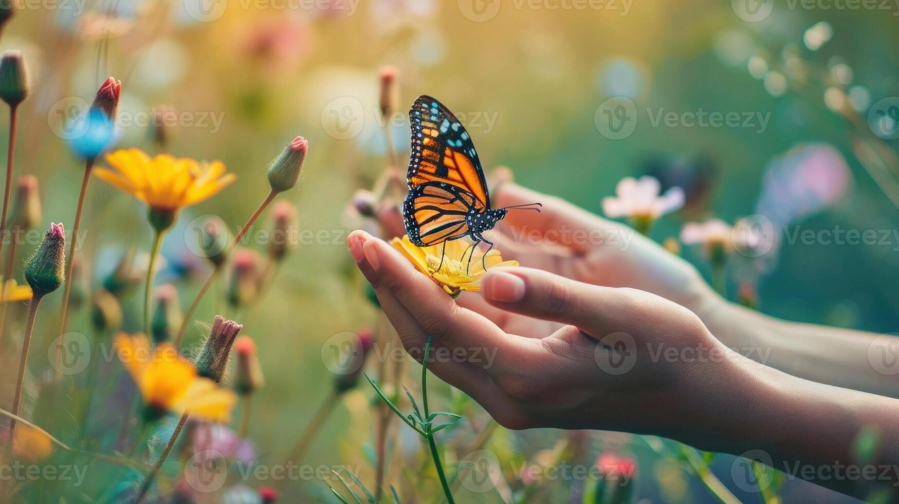ai generado vibrante mariposa en un humano manos en contra un fondo de borroso flores campo. bandera con Copiar espacio. ideal para temas de naturaleza, belleza, y tranquilidad foto