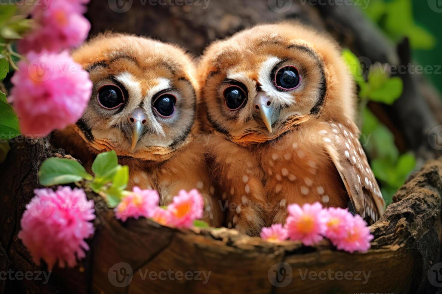 AI generated Adorable little owl chicks in a nest with pink flowers. Cute birds. Ideal for background, greeting cards, childrens books, banners, posters. photo