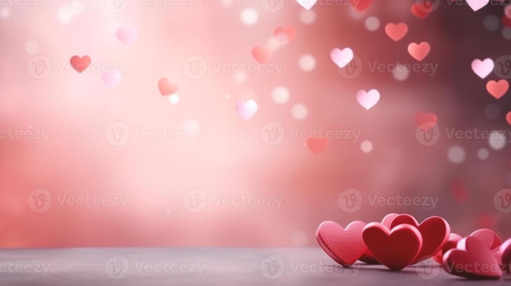 AI generated Greeting valentine for Valentines Day, banner with copy space. Red hearts on a soft bokeh background. Template for greeting, invitation, postcard, advertisement. Ideal for love themed photo