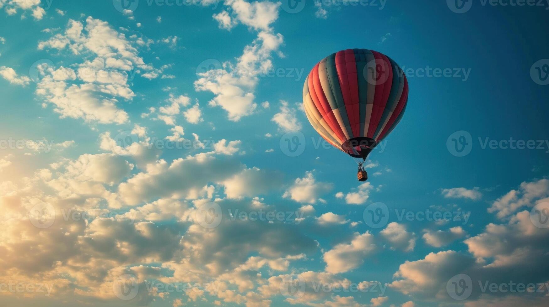 AI generated Beautiful sky with a floating hot air balloon. Perfect for illustrating peaceful journeys and travel concepts. Banner with copy space. photo
