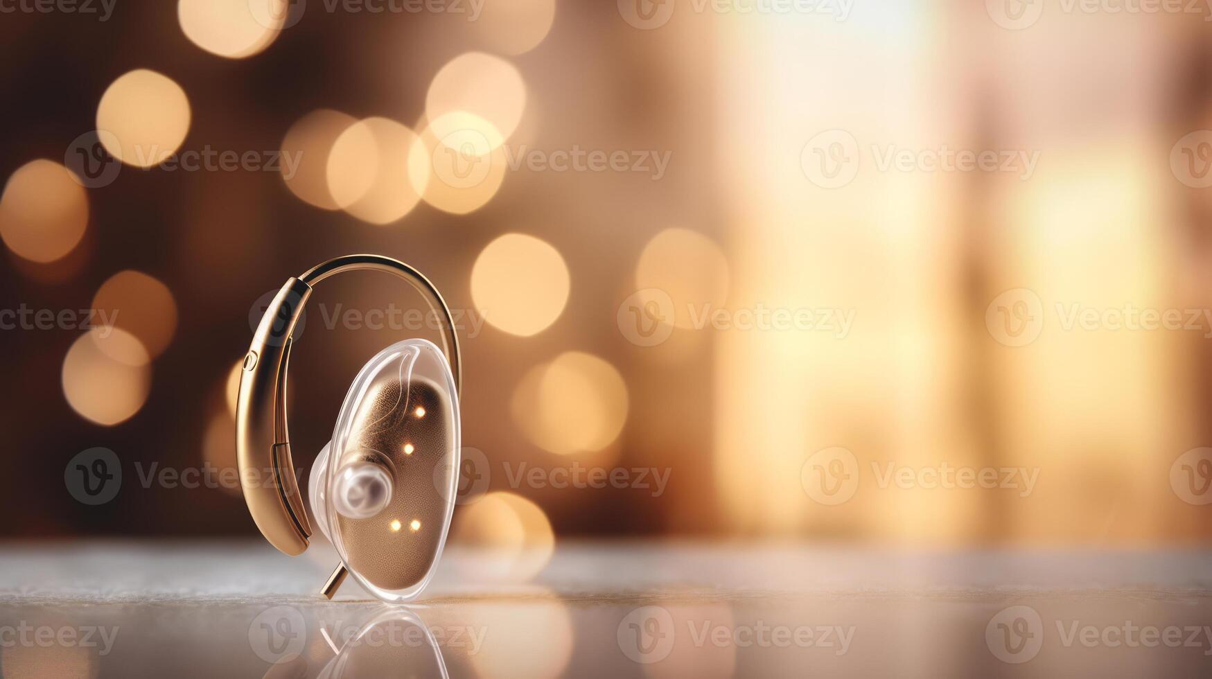 AI generated Hearing aid on blurred background and bokeh. Treatment of people with hearing loss. Banner with copy space. Medicine and science. Ideal for showcasing in medical and healthcare services. photo