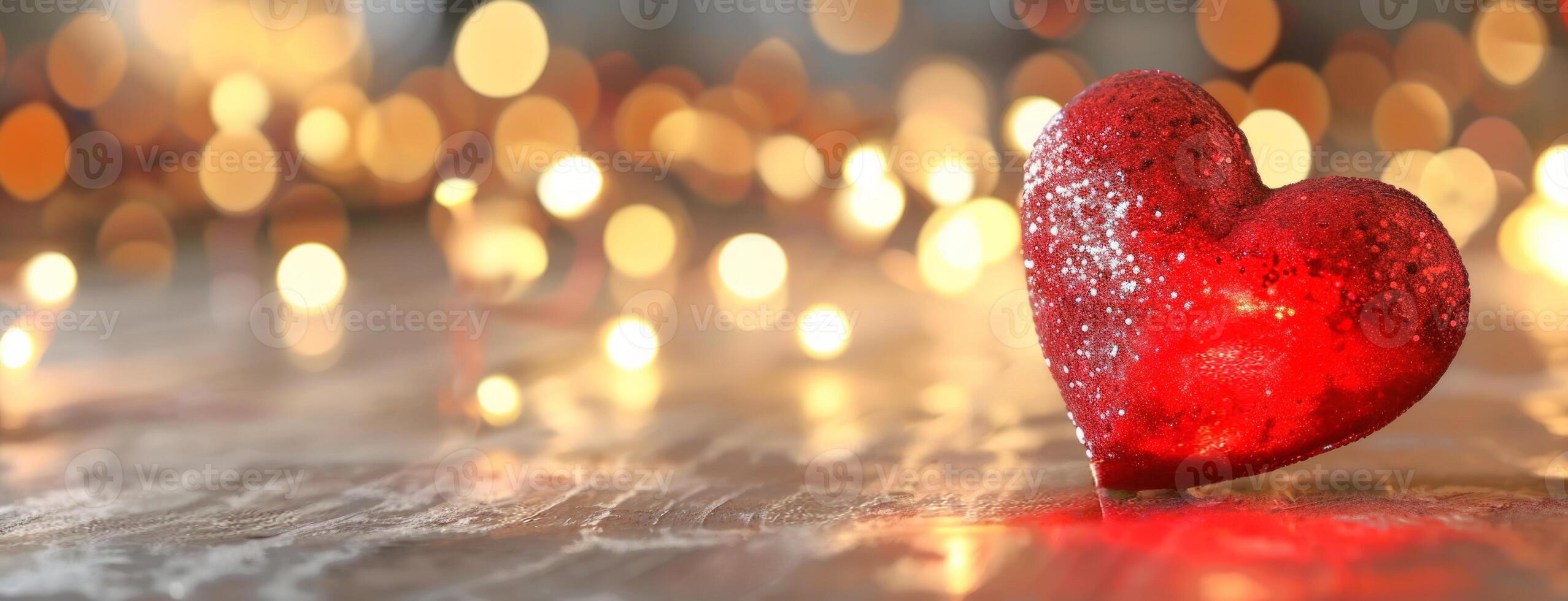 AI generated Banner with copy space for Valentines Day. Red heart on a soft gold bokeh background. Mockup for valentine card, greeting, invitation, postcard, promotion. Ideal for love themed designs. photo