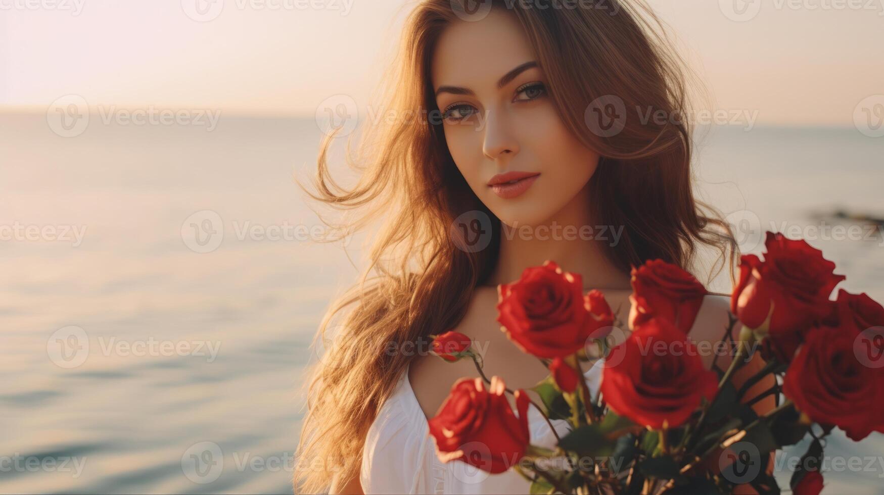AI generated Beautiful young woman with red roses against a sunset backdrop on the beach of the sea. Banner with copy space. Can be used in greeting cards or romantic event promotions photo