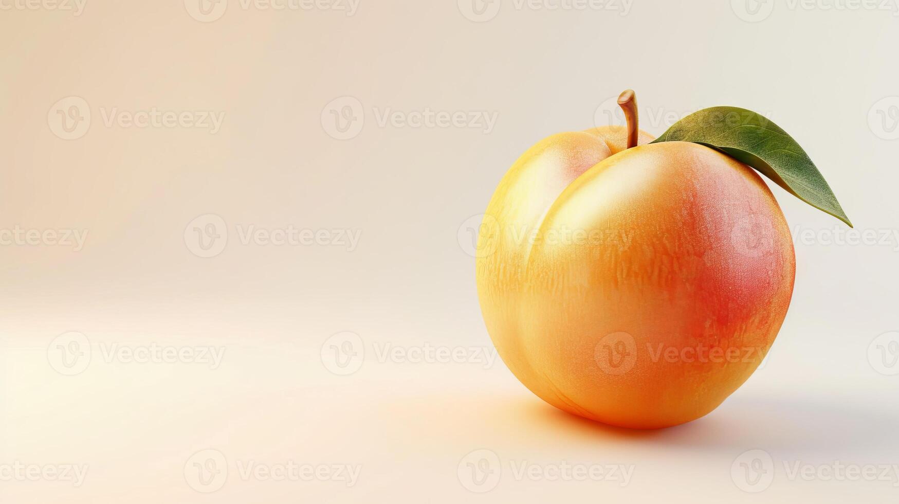 AI generated Golden peach with a green leaf on a white background. Great for healthy lifestyle promotion, fruit-related advertising, nutrition campaigns or as a design element. Banner with copy space. photo