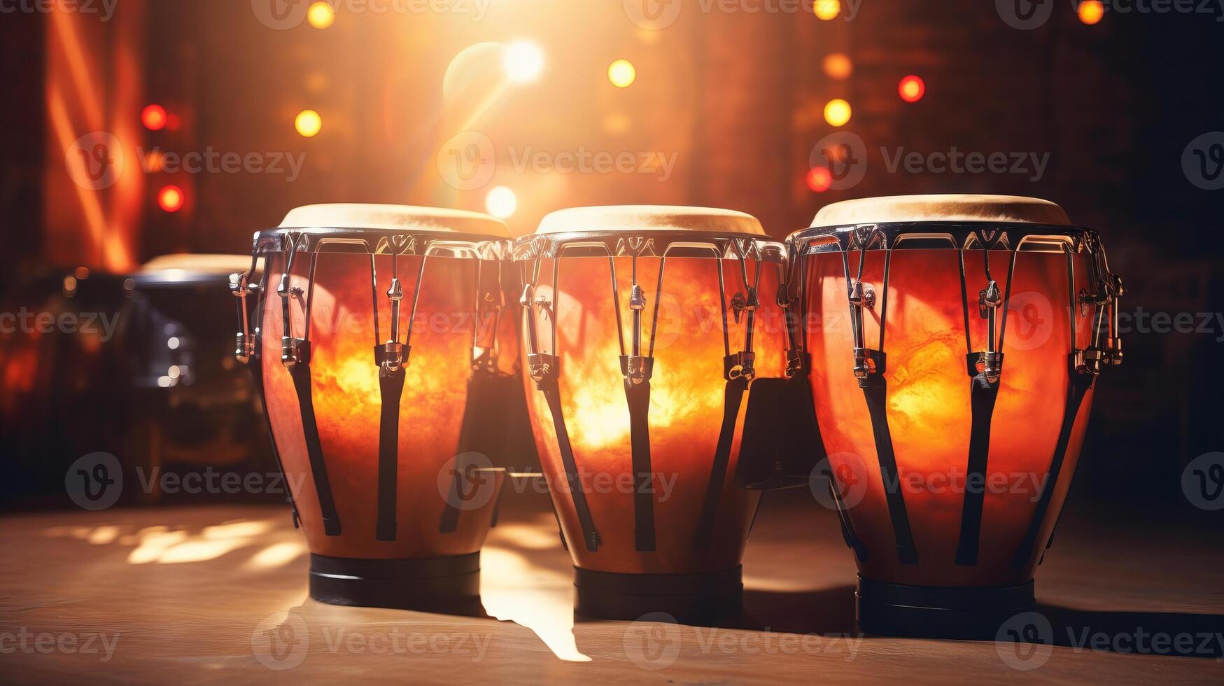 AI generated Illuminated conga drums set for a performance, spotlight with glowing background. Suitable for event flyers, music studio decor, and cultural event backgrounds. Bright performance. photo
