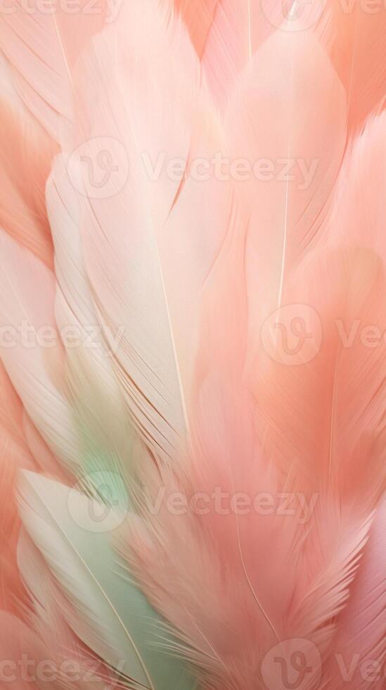 AI generated Feathers in pastel colors in shades of pink, peach, and green. Feathers texture background. Use as Backdrops for design projects, Fashion or decor. Concept of Softness and elegance. photo
