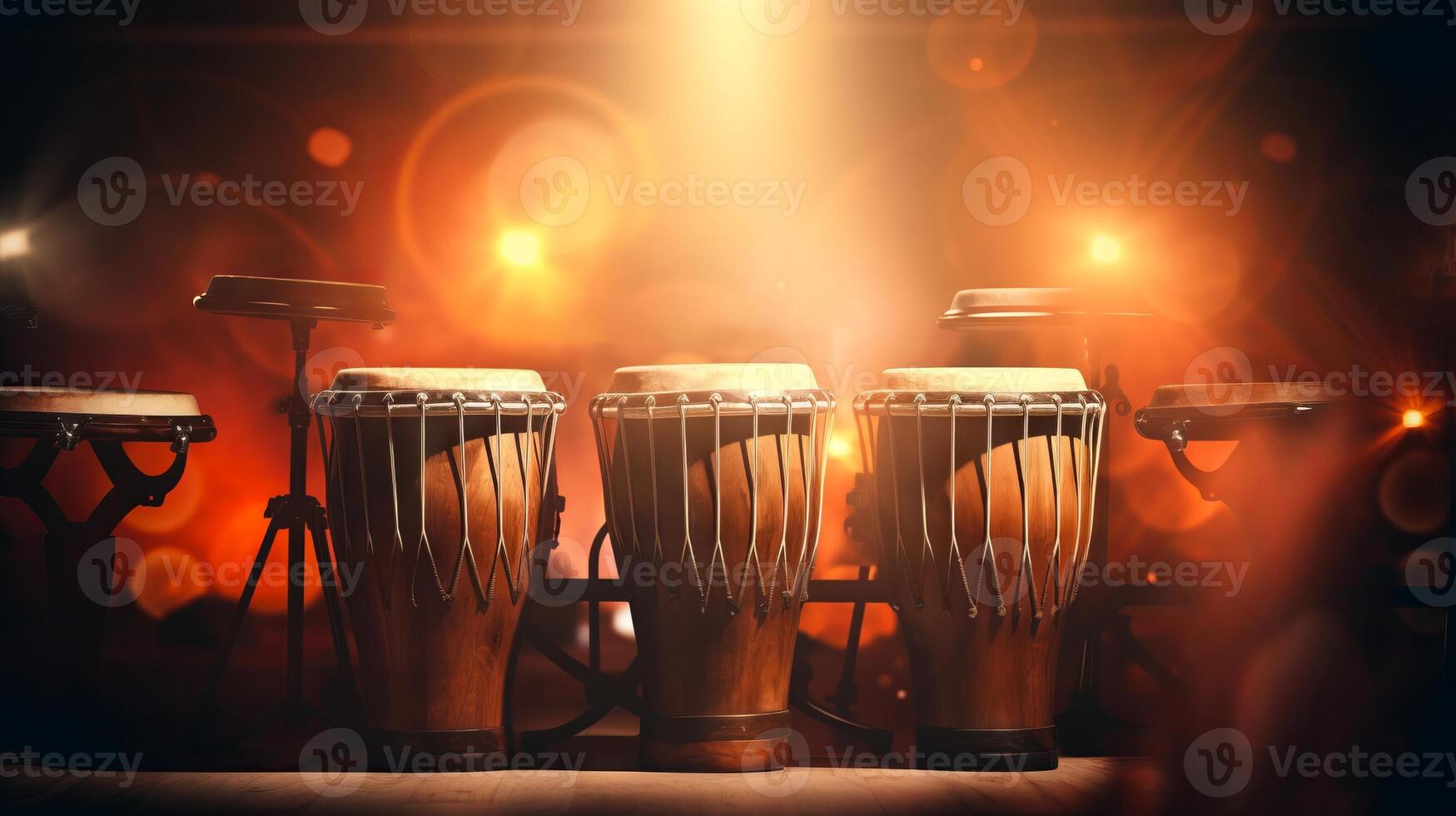 AI generated Conga drums in spotlight on dark stage creating inviting atmosphere for musical event advertising and cultural presentation. Traditional percussion musical instrument of Afro-Cuban. photo