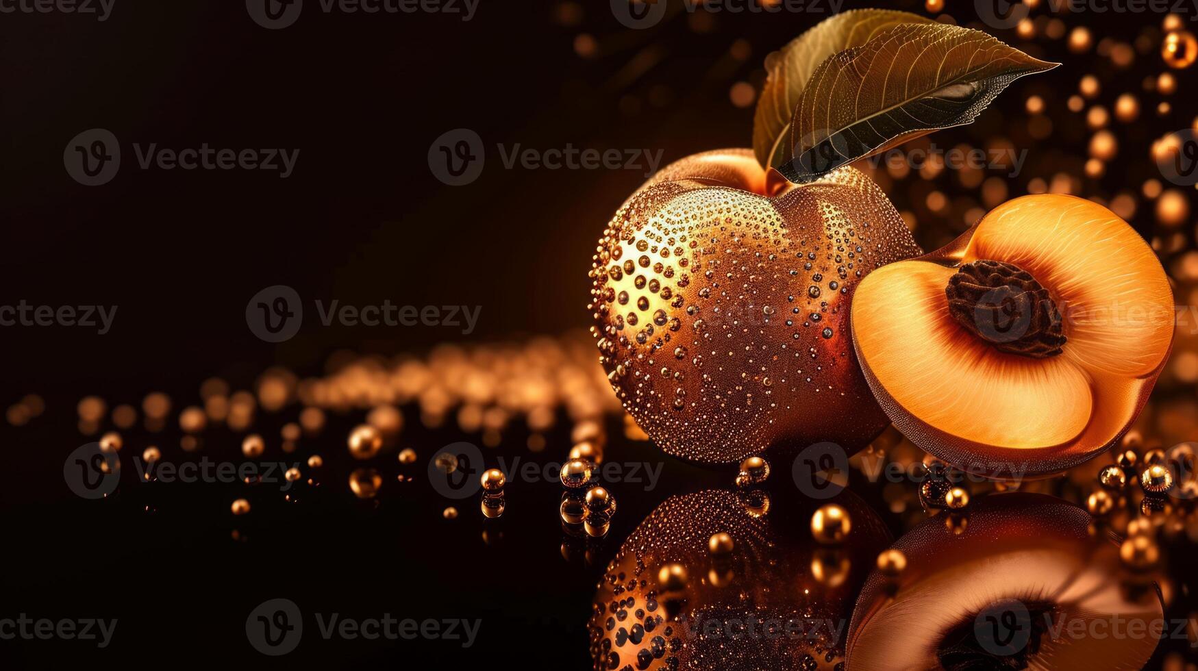 AI generated Metallic golden peach made of gold with water droplets and spheres on a black backdrop, suitable for luxury branding, high-end product visuals, or abstract art concepts. Banner photo