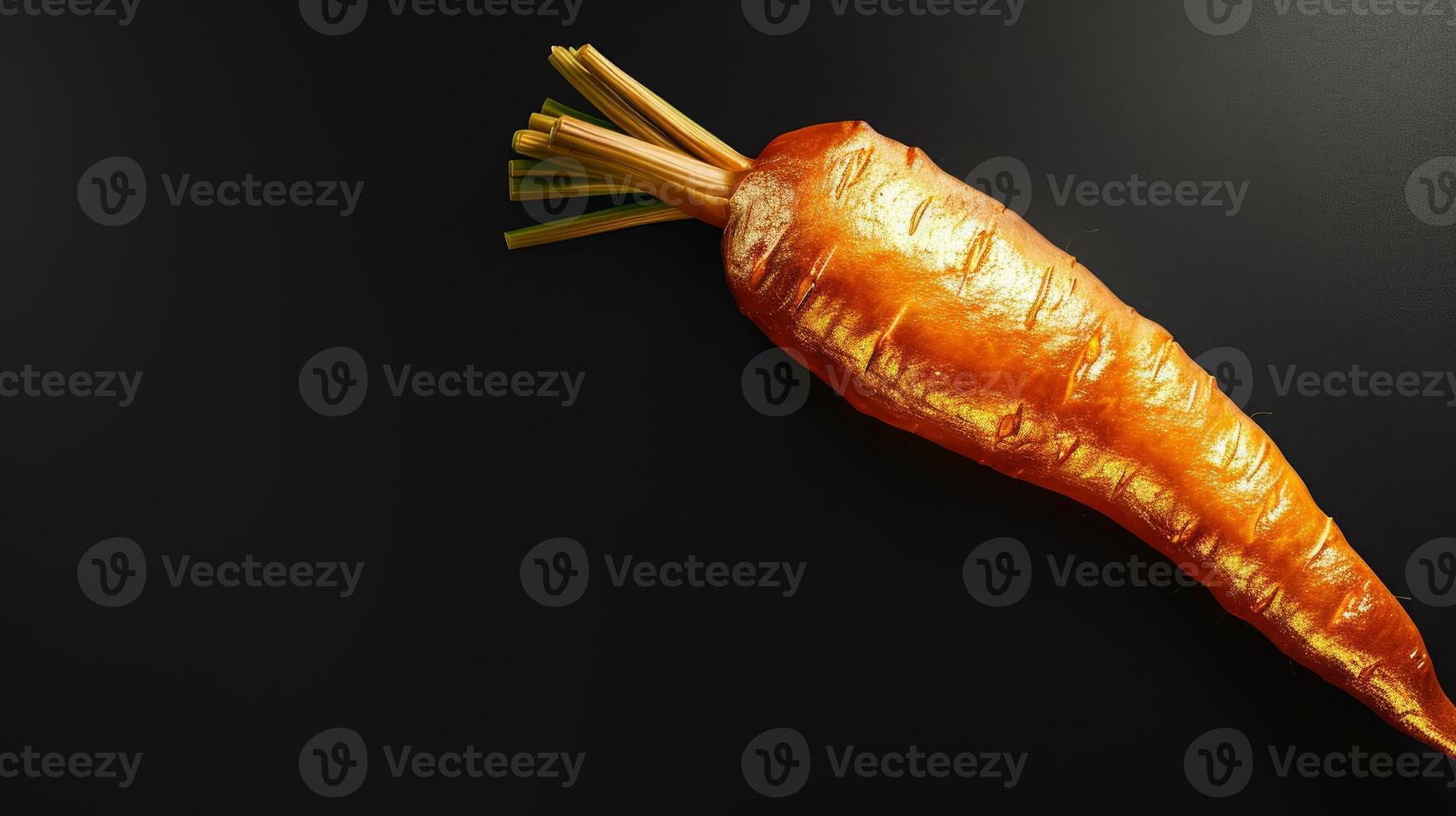 AI generated A golden carrot made of gold with detailed textures on a dark background, ideal for luxury food concepts or abstract art, symbolizing wealth and creativity. Banner with copy space. photo