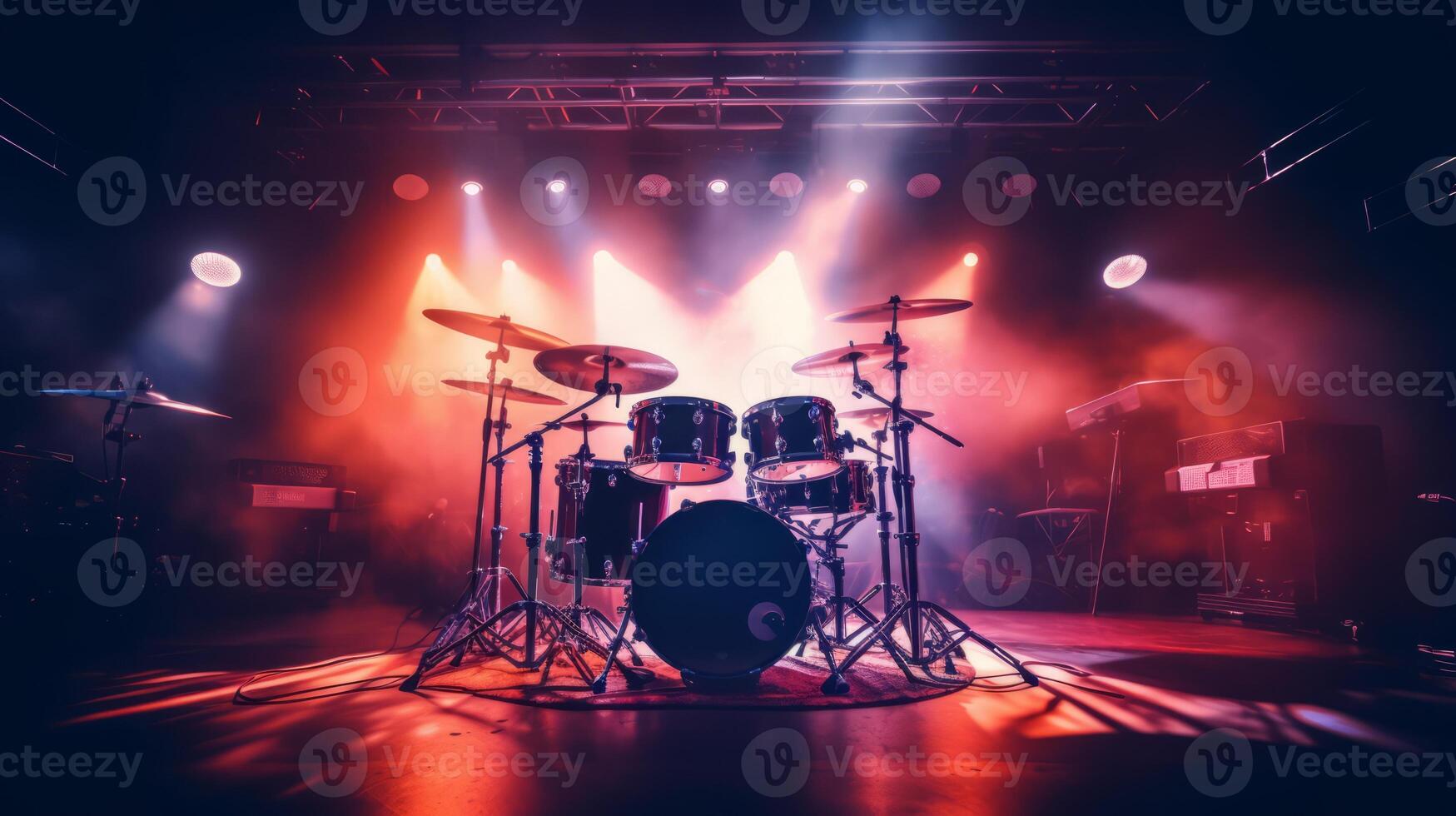 AI generated Live concert drum setup under neon lights, creating a vibrant atmosphere. Ideal for gig posters and entertainment marketing photo