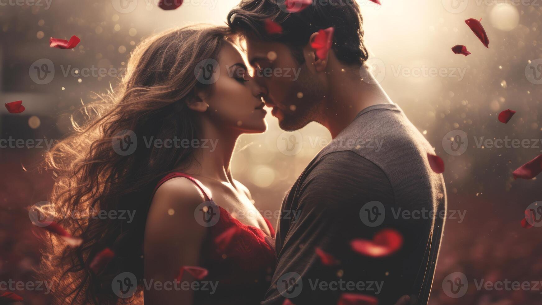AI generated Couple in tender embrace surrounded by falling red rose petals. Romantic moment. Ideal as a postcard for Valentines Day, wedding, anniversary, or love story themes. Concept of romance photo
