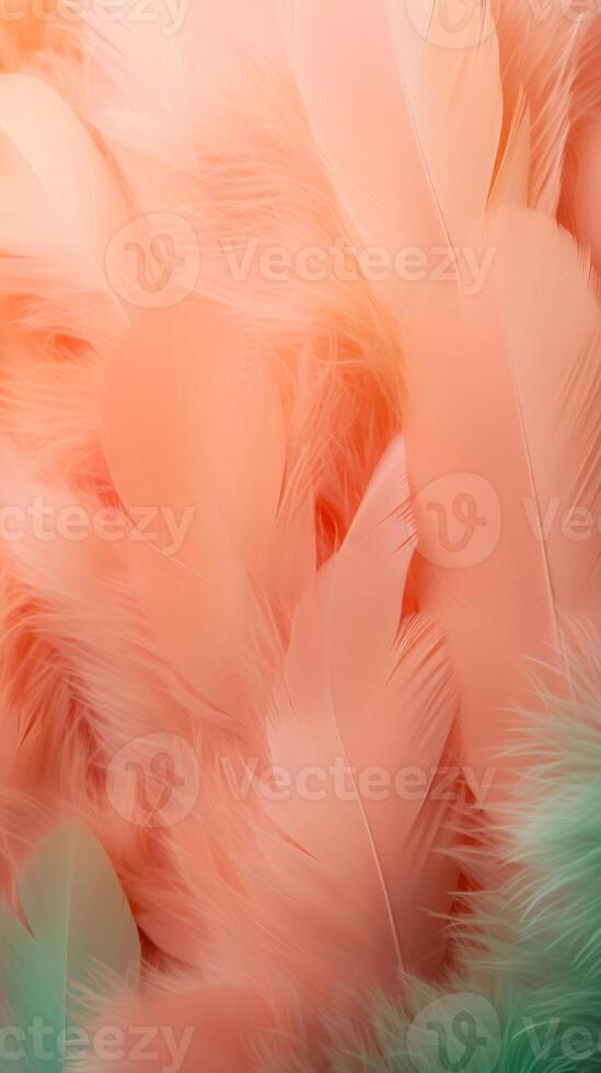 AI generated Soft feathers in pastel colors in shades of pink, peach, and green. Feathers texture background. Use as Backdrops for design projects, Fashion or decor. Concept of Softness and elegance photo