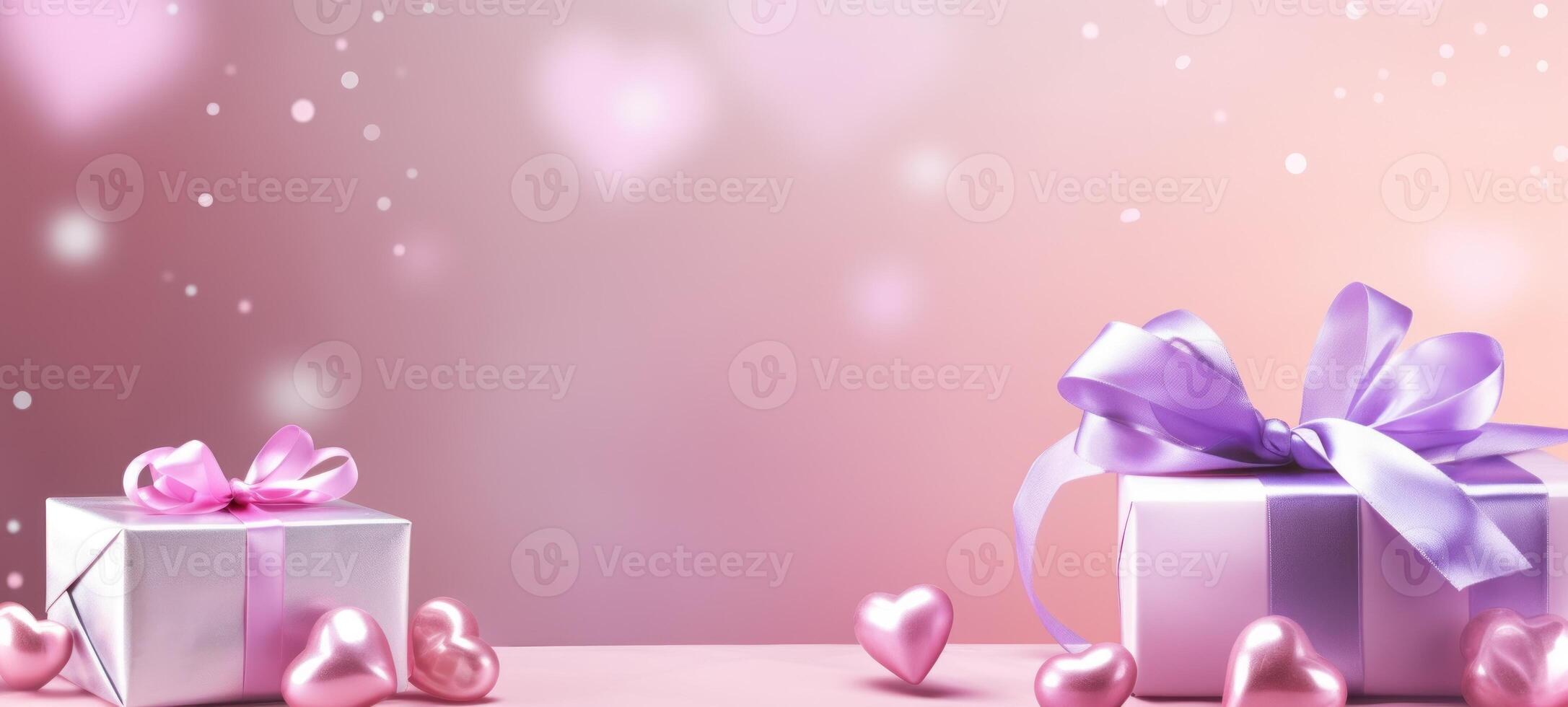 AI generated Elegant purple gifts wrapped in bows on light pink background with bokeh. Romantic celebration or Valentines Day. Banner with copy space. For greeting, postcard, invitation. photo