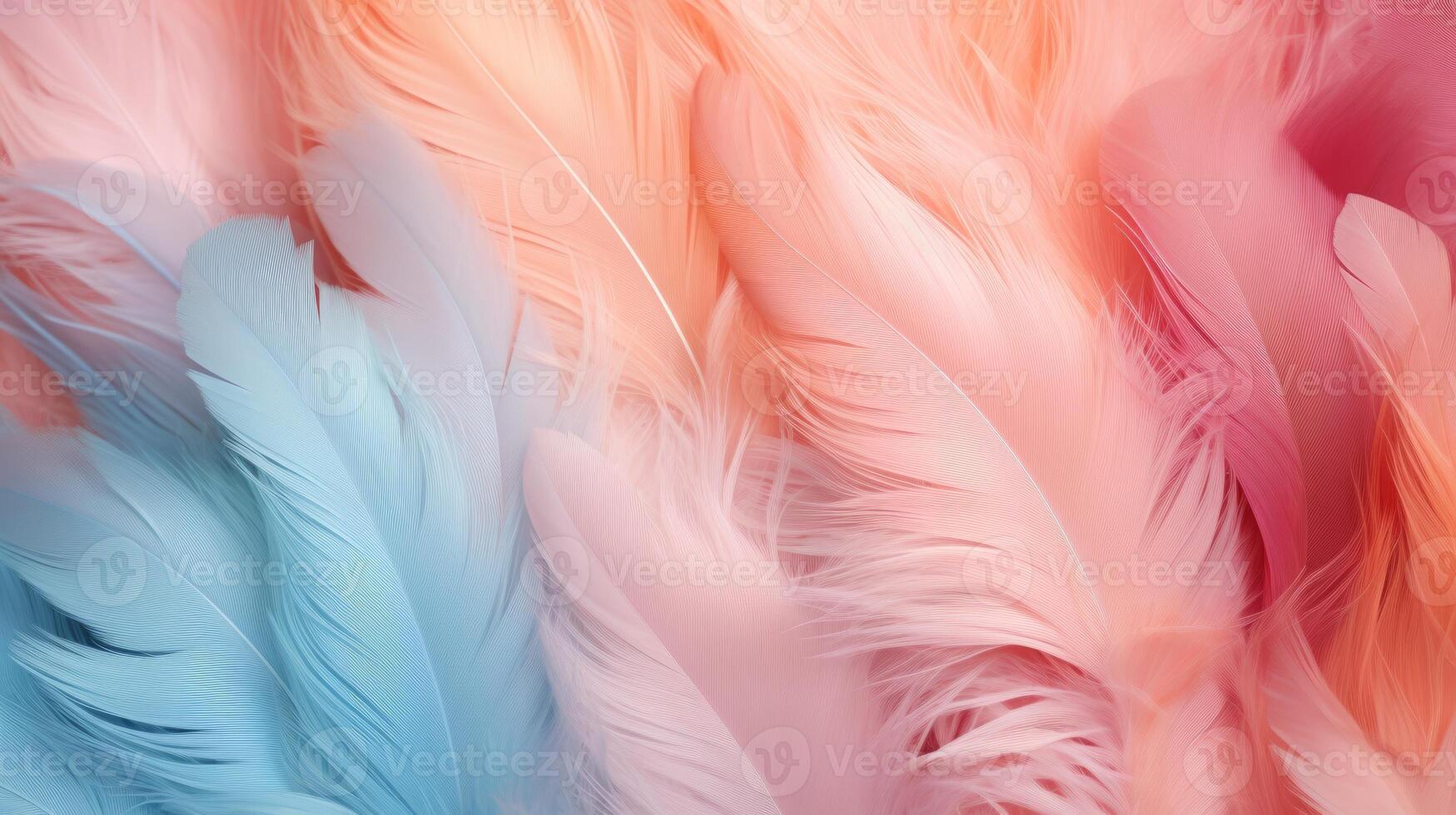 AI generated Soft feathers in pastel colors in shades of pink, peach, and blue. Feathers texture background. Use as Backdrops for design projects, Fashion or decor. Concept of Softness and elegance photo