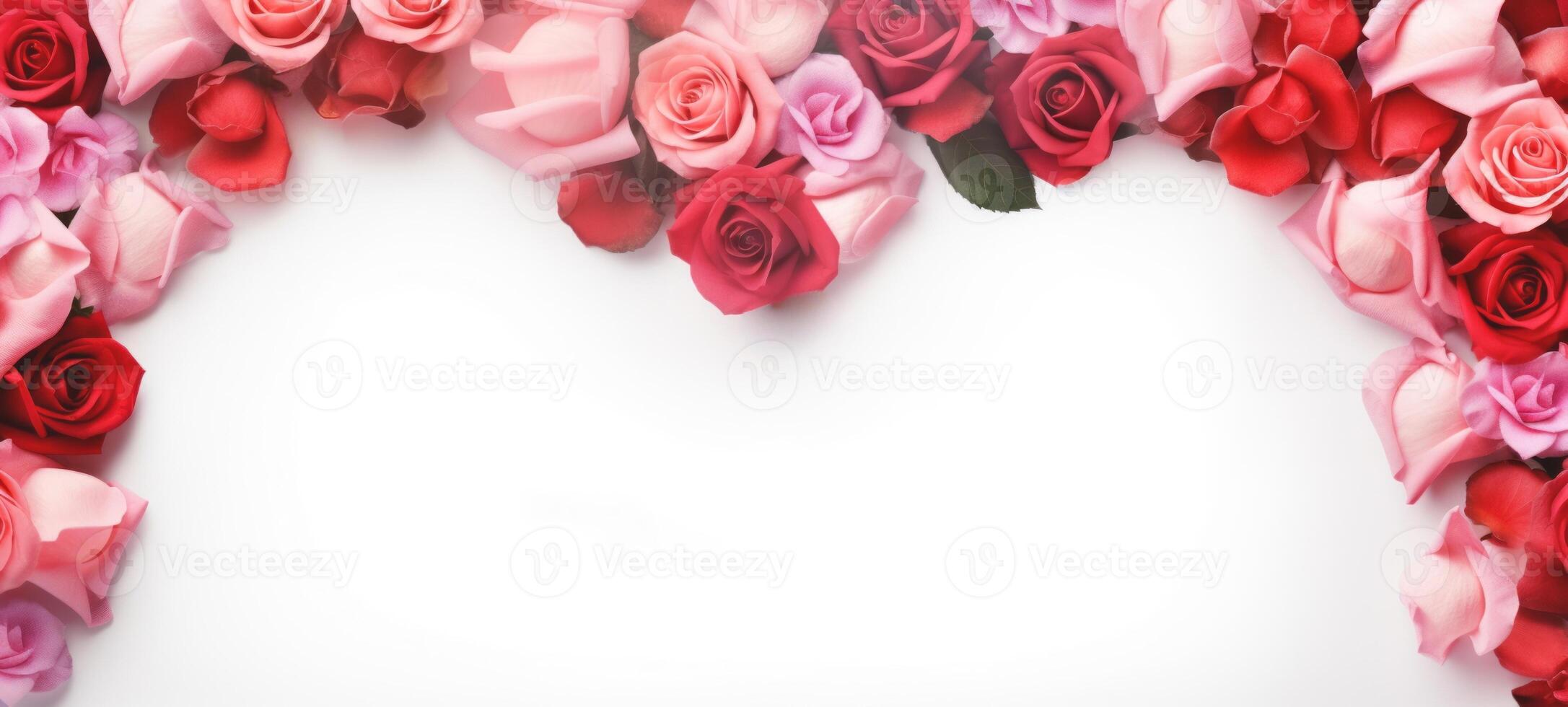 AI generated Semi-circle arrangement of red and pink roses with scattered petals on a clean, white surface. Banner with Copy space. Ideal for Valentines Day, anniversaries, or romantic occasions. photo