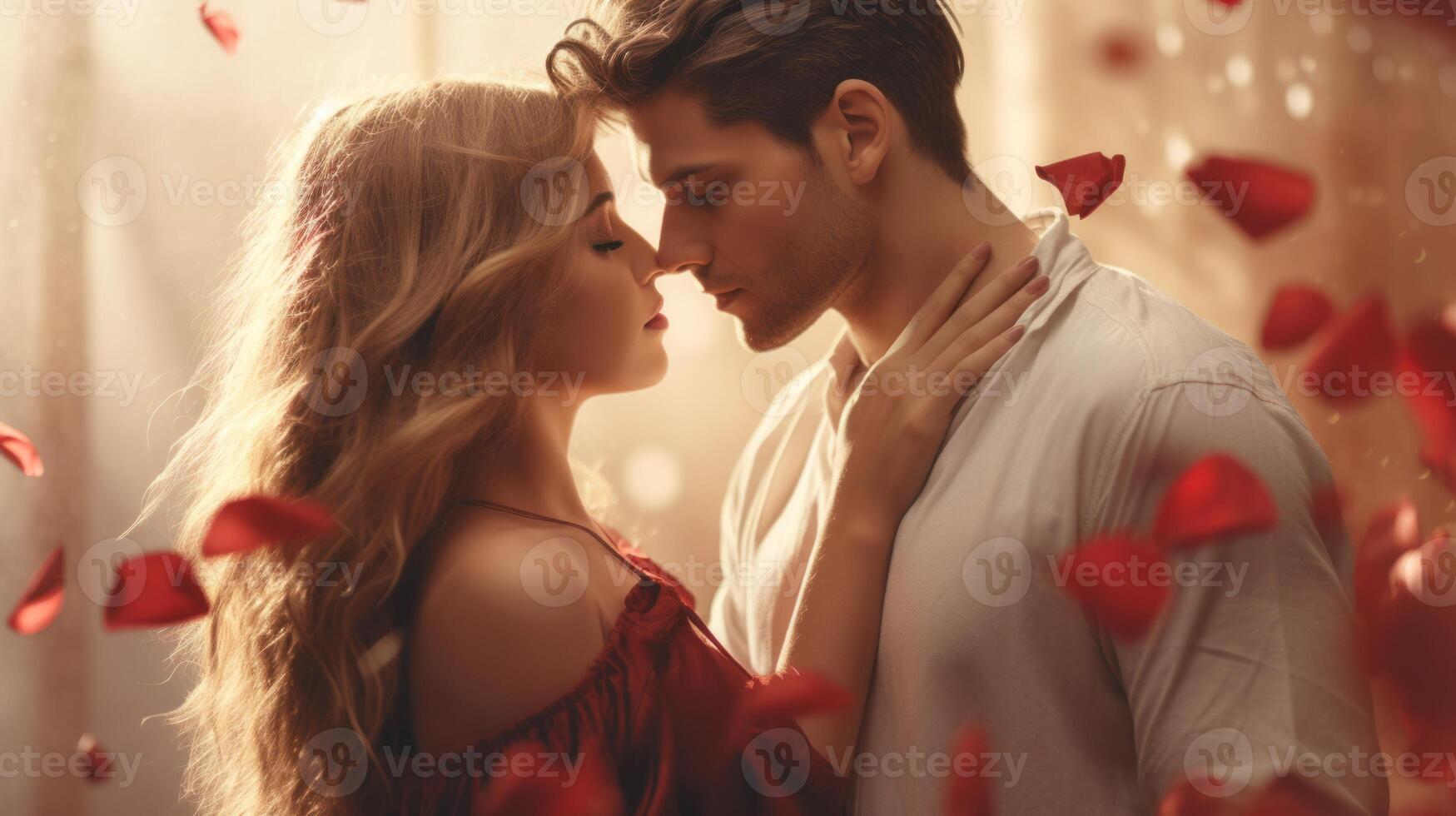 AI generated Couple in tender embrace surrounded by falling red rose petals. Romantic moment. Ideal as a postcard for Valentines Day, wedding, anniversary, or love story themes. Concept of passion photo