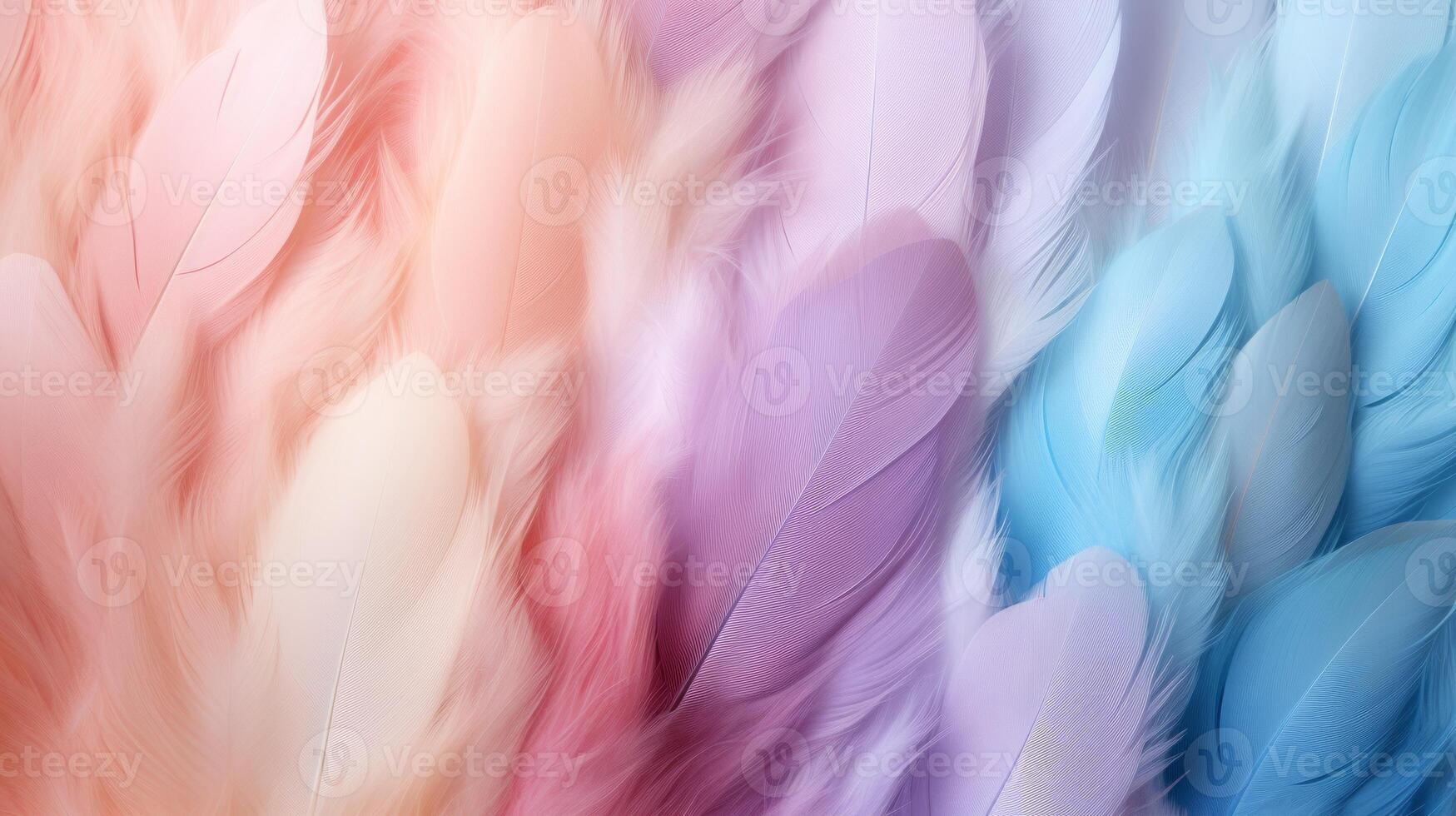 AI generated Soft feathers in pastel colors in shades of pink, peach, purple and blue. Feathers texture background. Use as Backdrops for design projects, Fashion or decor. Concept of Softness photo
