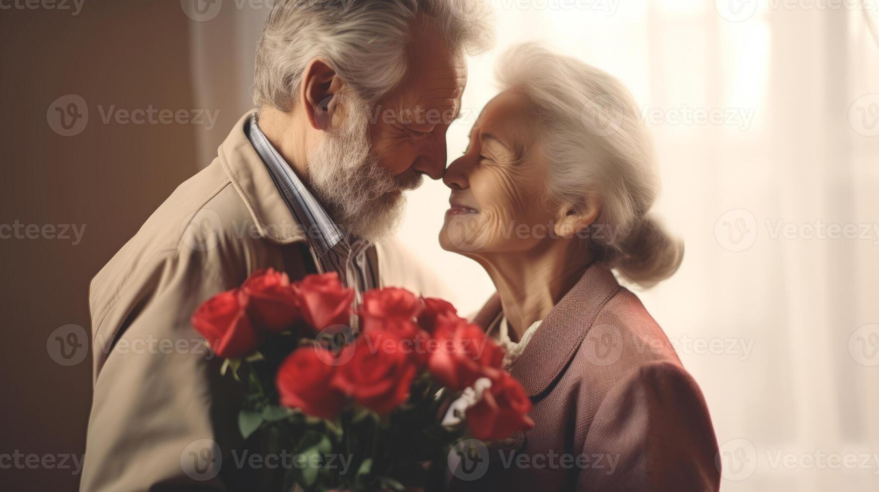 AI generated Elderly man giving a bouquet of flowers to elderly woman on a blurred background. Concept of love, affection and intimate moments. Ideal for relationship, dating themes and Valentines photo