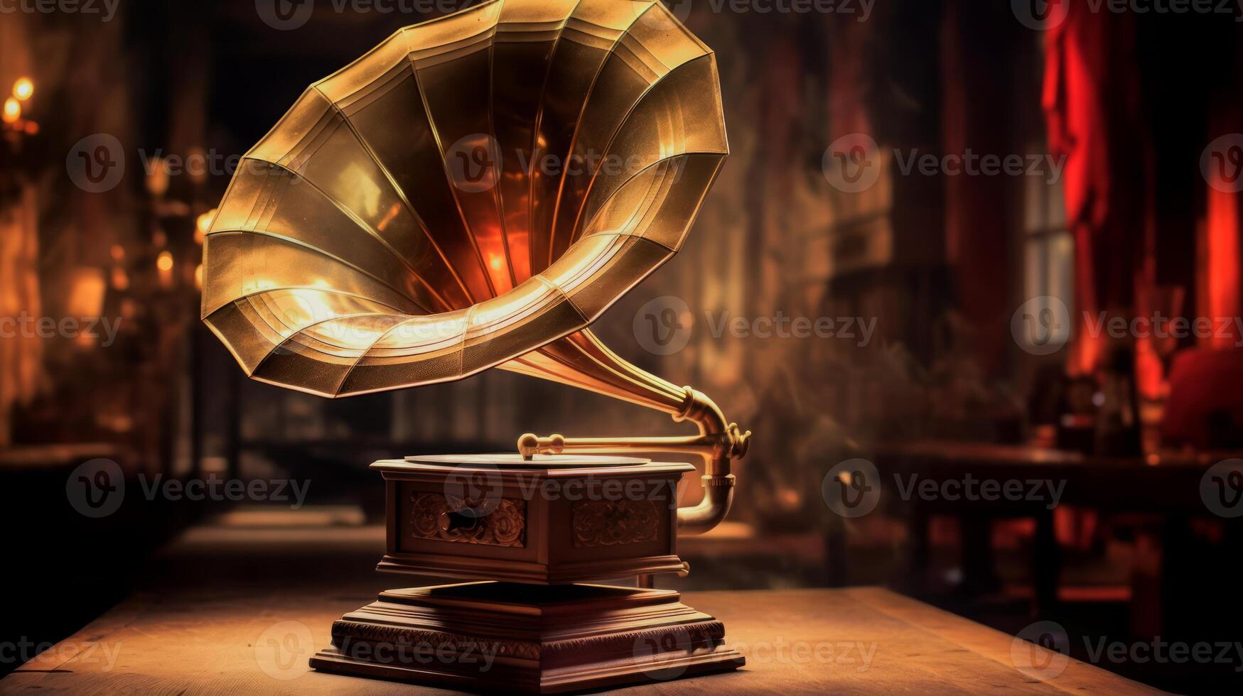 AI generated Gramophone with golden horn on blurred background of living room. Can be used in article, blog, website about vintage music players, antique collections, historical content photo