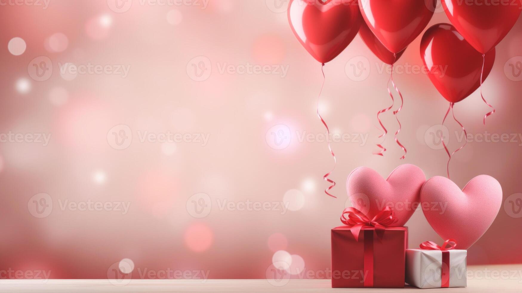 AI generated Heart-shaped balloons and gifts with ribbons on a bokeh background. Banner with copy space. For greeting, postcard, invitation. Ideal for Valentines Day, anniversaries or romantic photo