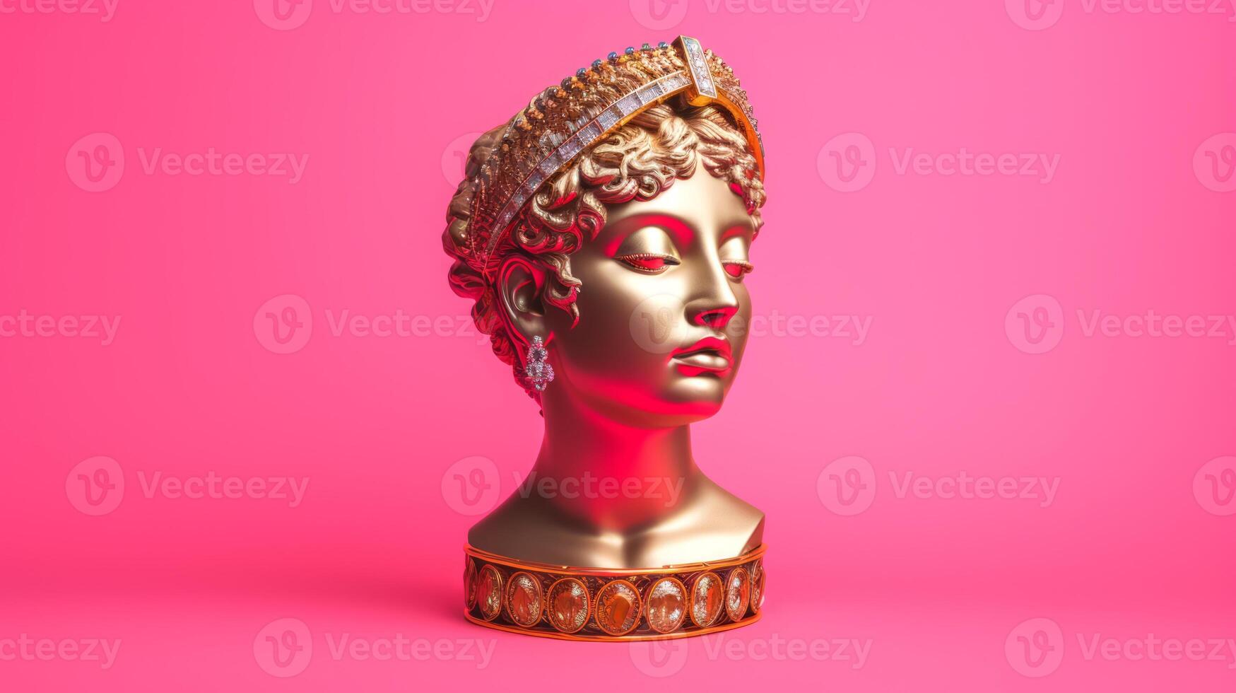 AI generated Gold antique statue of a female head on pink solid background, perfect for use in artistic or abstract visual content. Banner with copy space. photo
