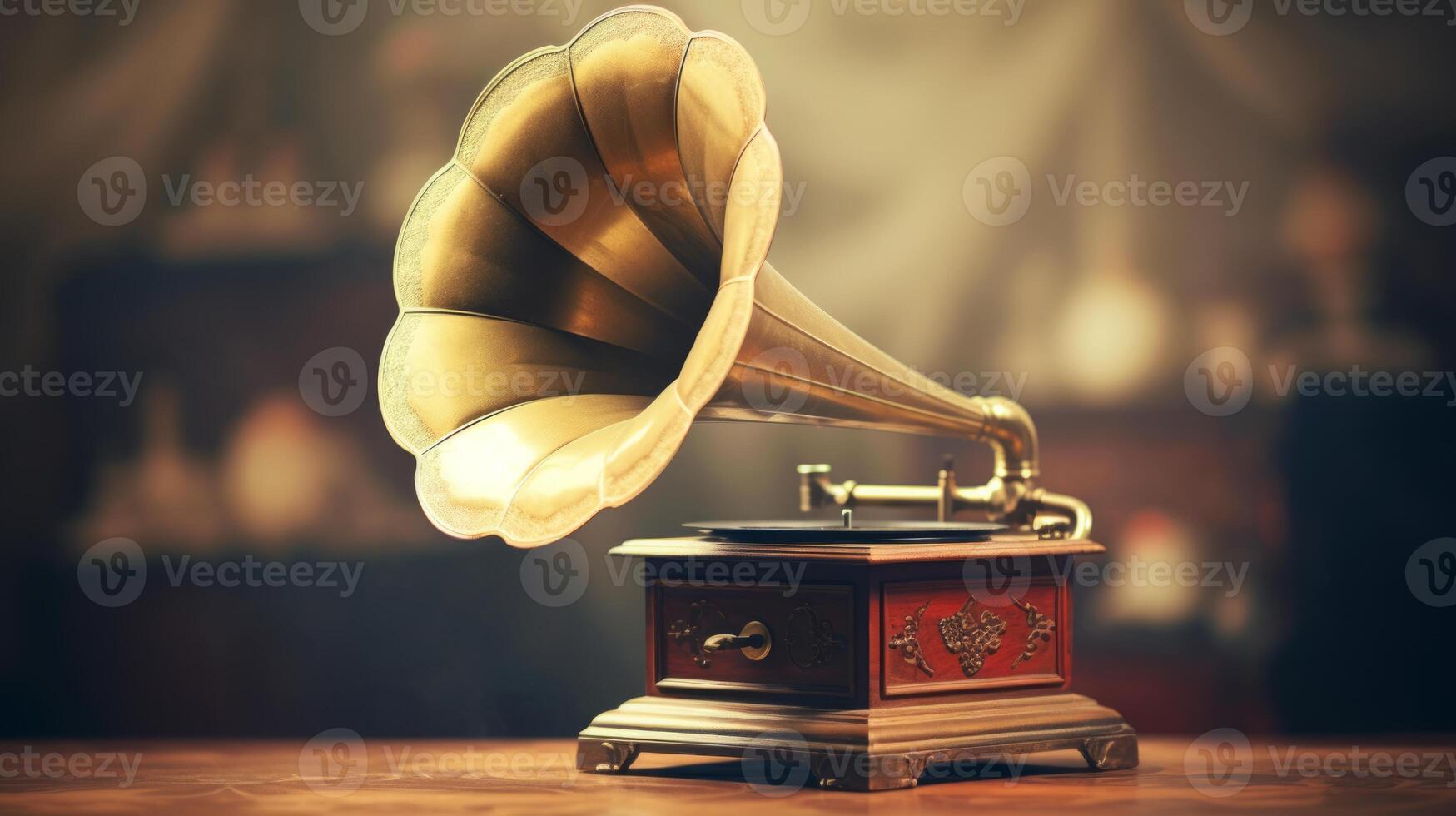 AI generated Vintage gramophone with golden horn on polished surface, illuminated by soft lighting. Can be used in articles, blogs, websites about vintage music players, antique collections, photo