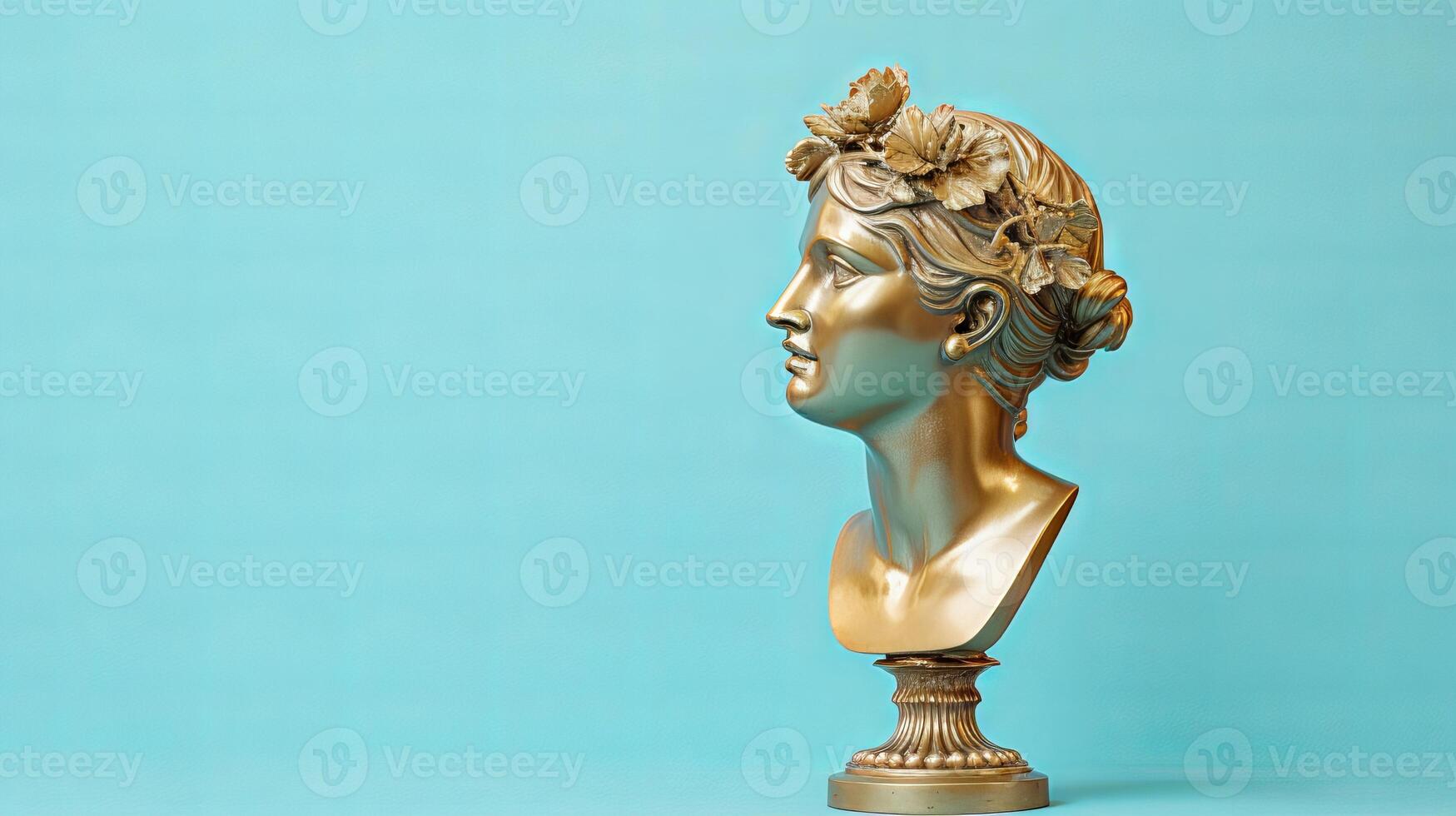 AI generated Gold antique statue of female head on a light blue solid background. Ideal for contemporary art projects. Banner with copy space. photo