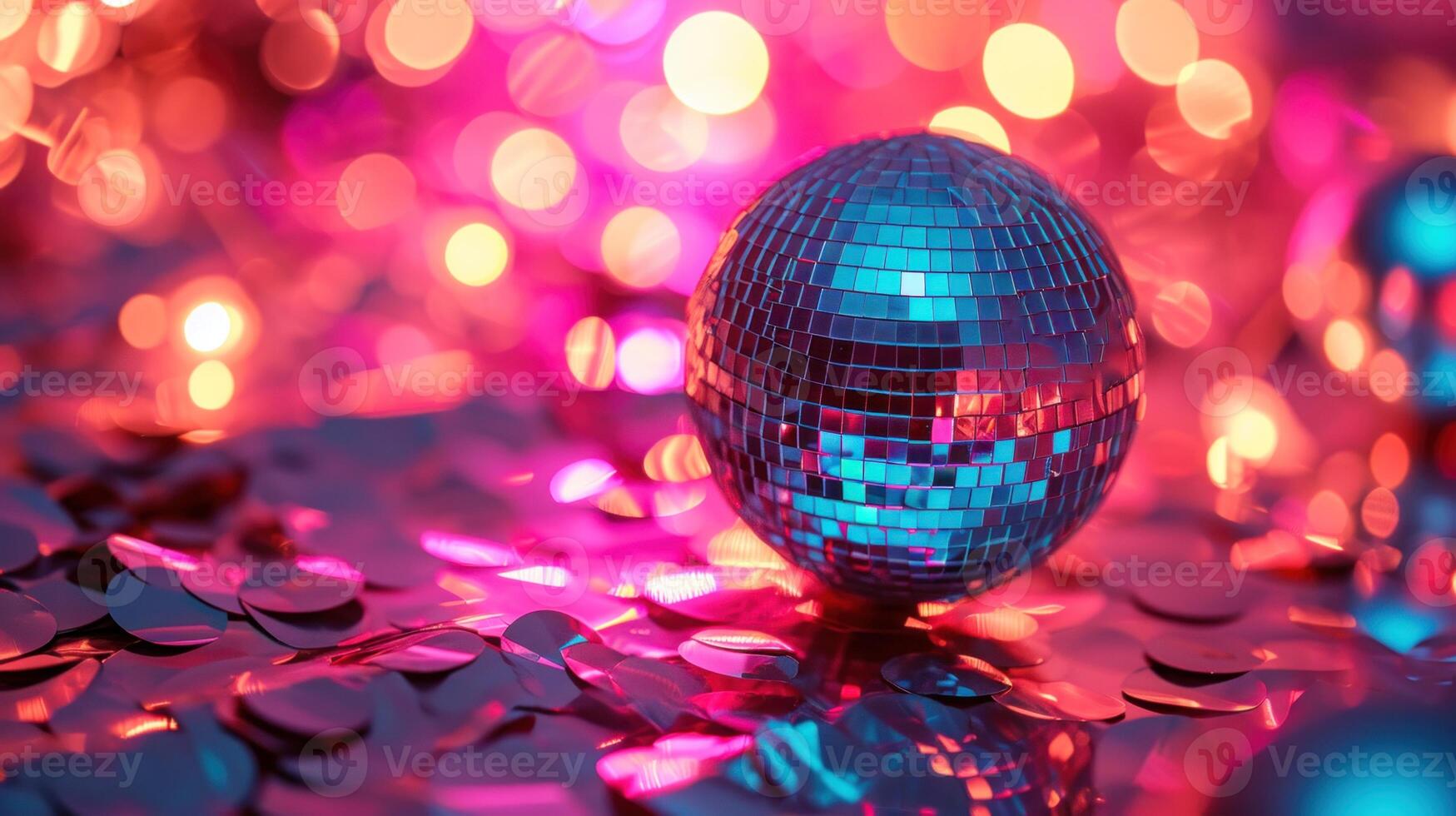 AI generated A close-up image of a disco ball surrounded by shiny confetti, illuminated by colorful lights. Ideal for party, celebration, and event themes photo