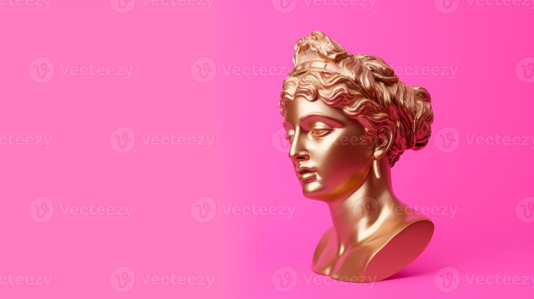 AI generated Gold antique statue of a female head on a pink solid background, perfect for use in artistic or abstract visual content. Banner with copy space. photo