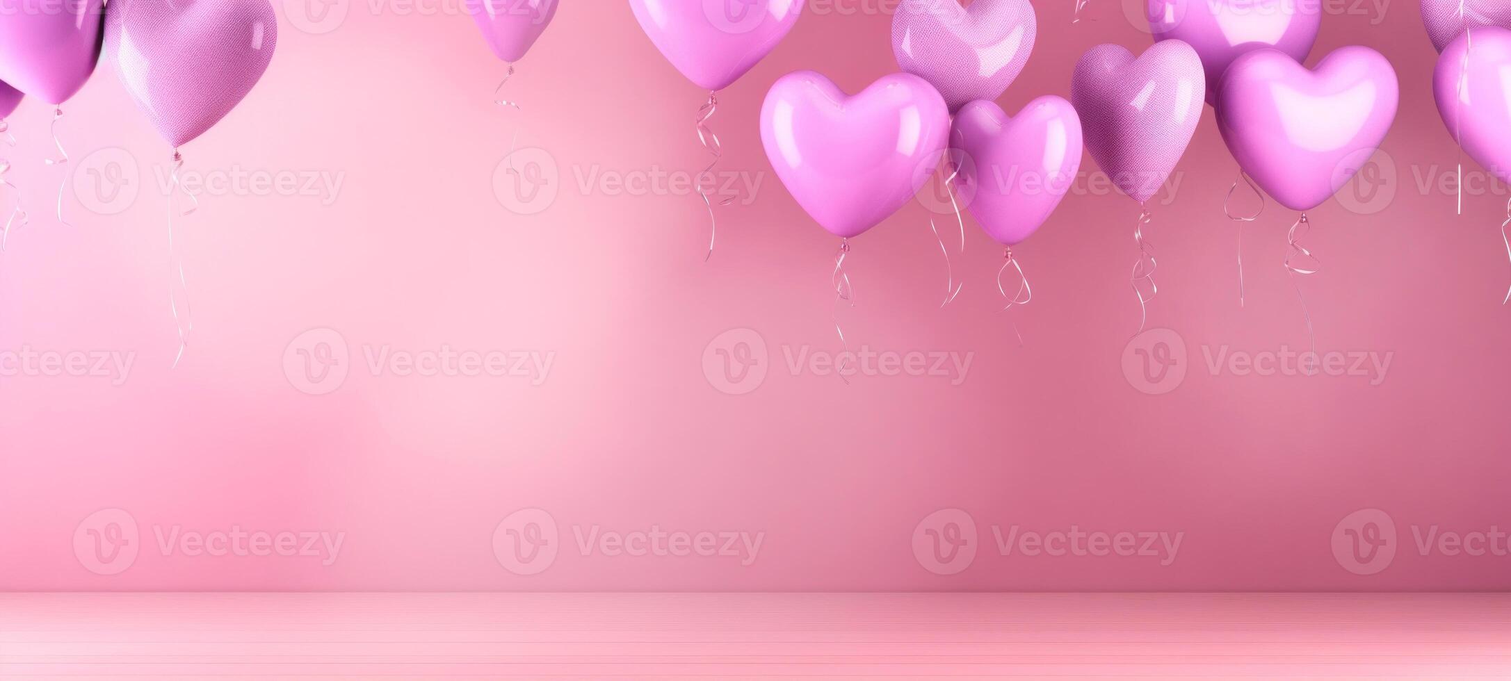 AI generated Floating pink purple heart balloons on a soft pink background with copy space for text. Banner. Great for Valentines Day or love-themed decor photo