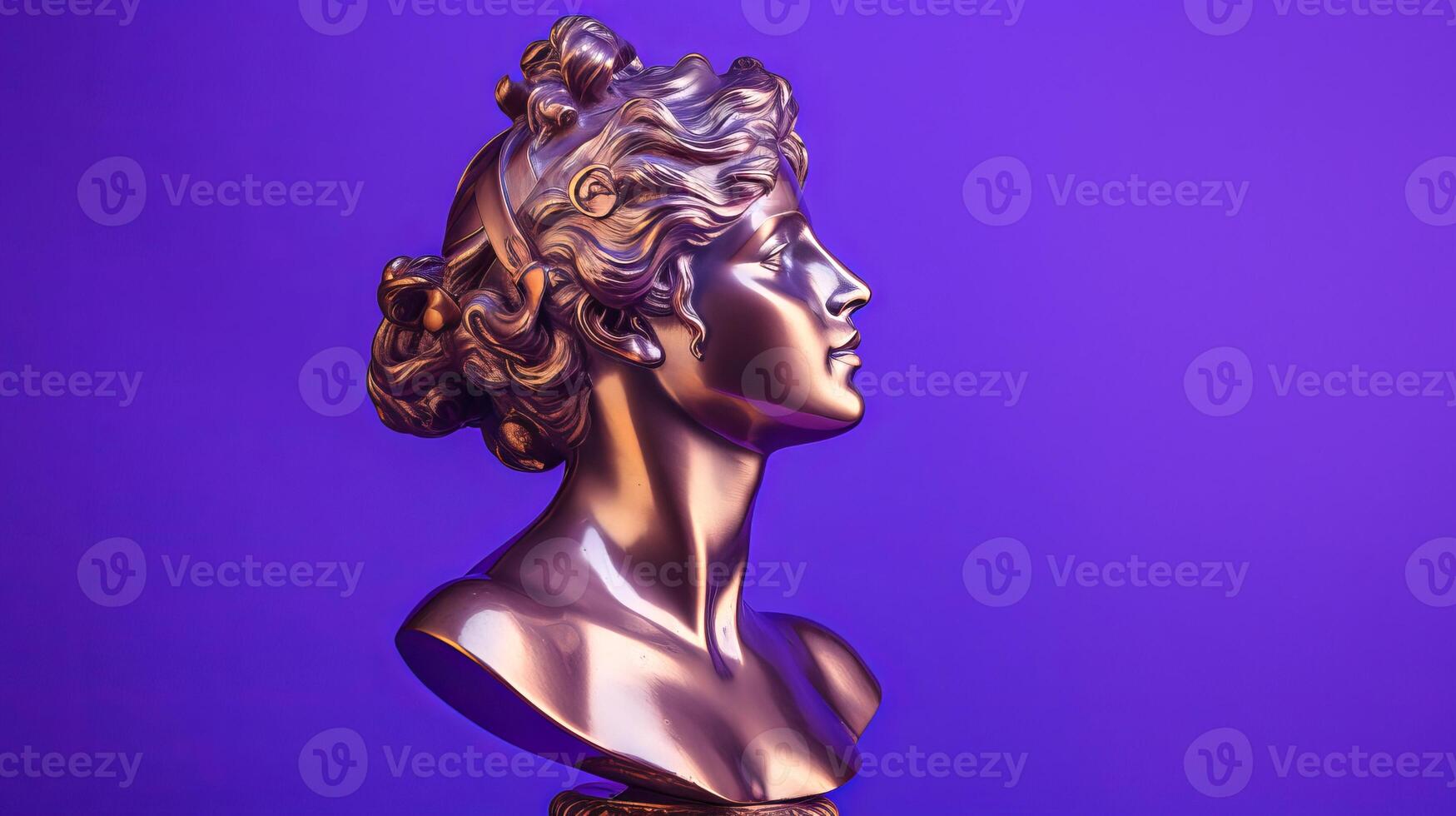 AI generated Antique bronze sculpture of a female figure against a vibrant purple backdrop, perfect for cultural and artistic representation photo