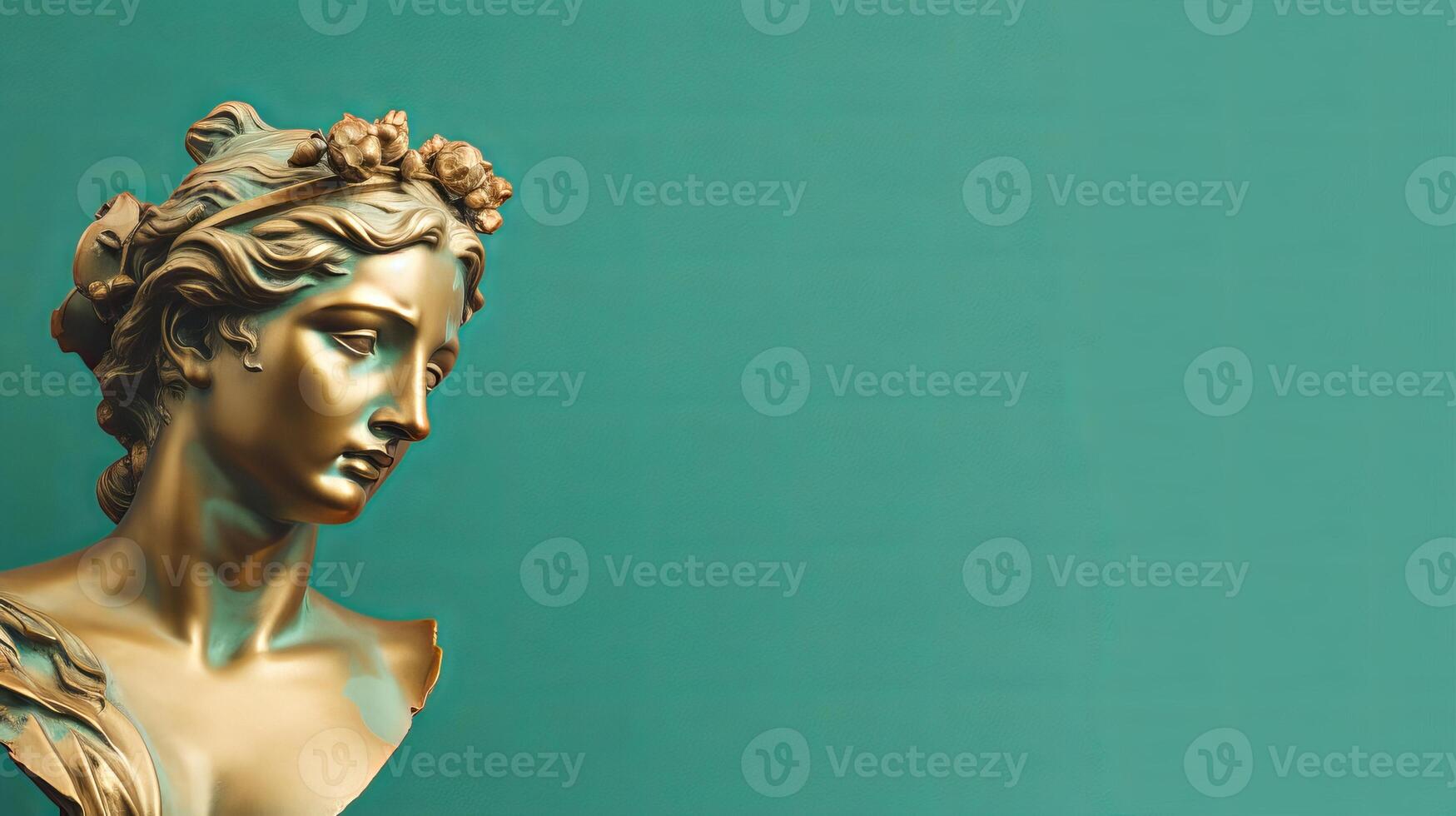 AI generated Gold antique statue of female head on light green solid background. Ideal for contemporary art projects. Banner with copy space. photo